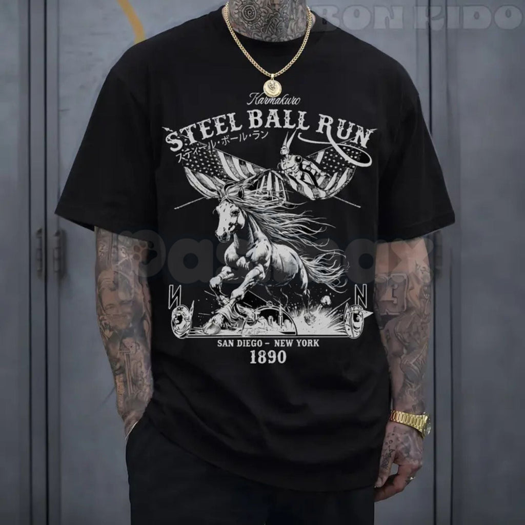 "Steel Ball Run" Horse Racing American Flag T-Shirt – Western Manga Graphic Tee, Premium 100% Cotton Cowboy Adventure Top, Soft Lived-In Heavyweight SBR Fan Shirt, Made in USA