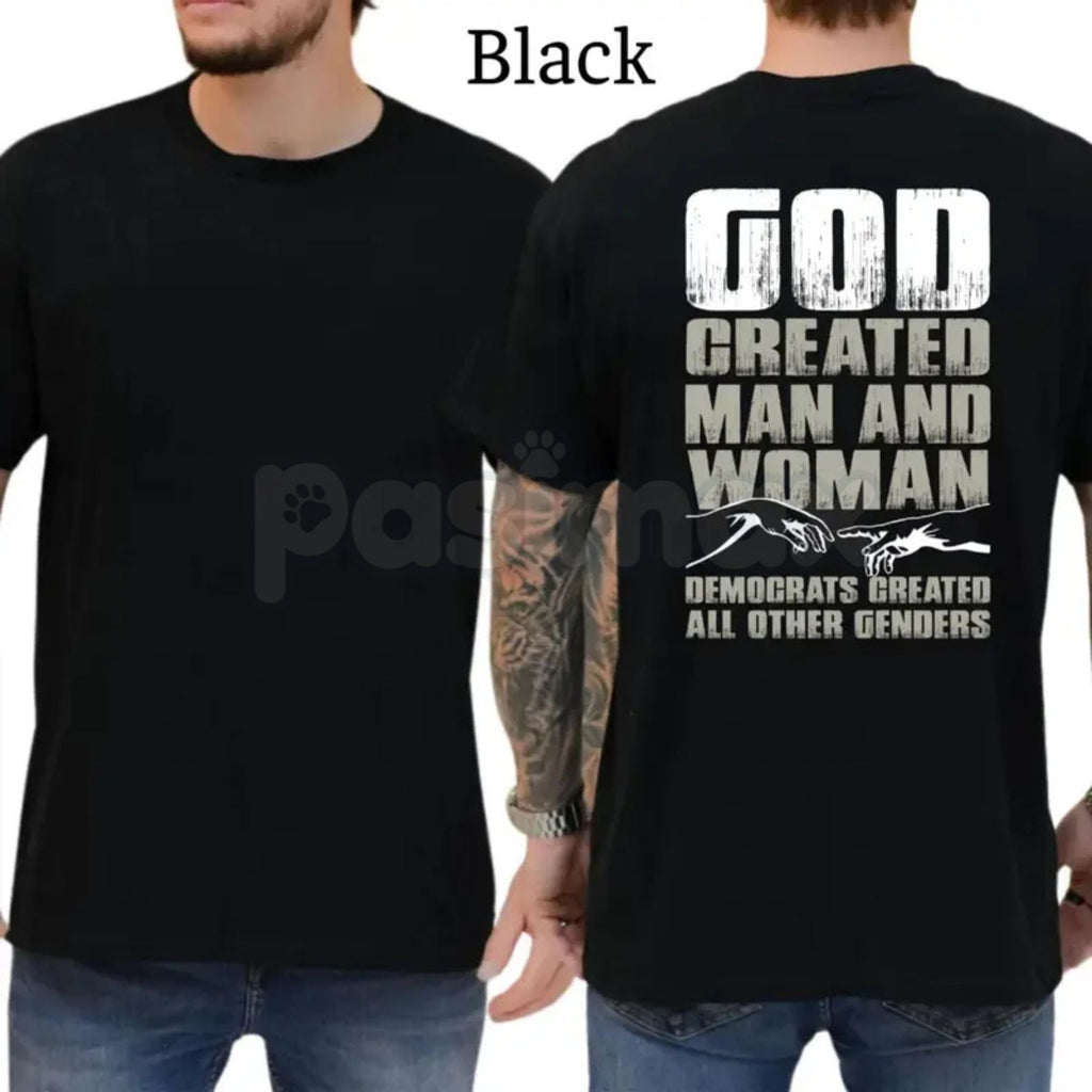 "Created by the Divine" Humorous T-Shirt – Divine Man and Woman Graphic Tee, Premium 100% Cotton Funny Heritage Top, Soft Lived-In Heavyweight Spiritual Humor Shirt, Made in USA