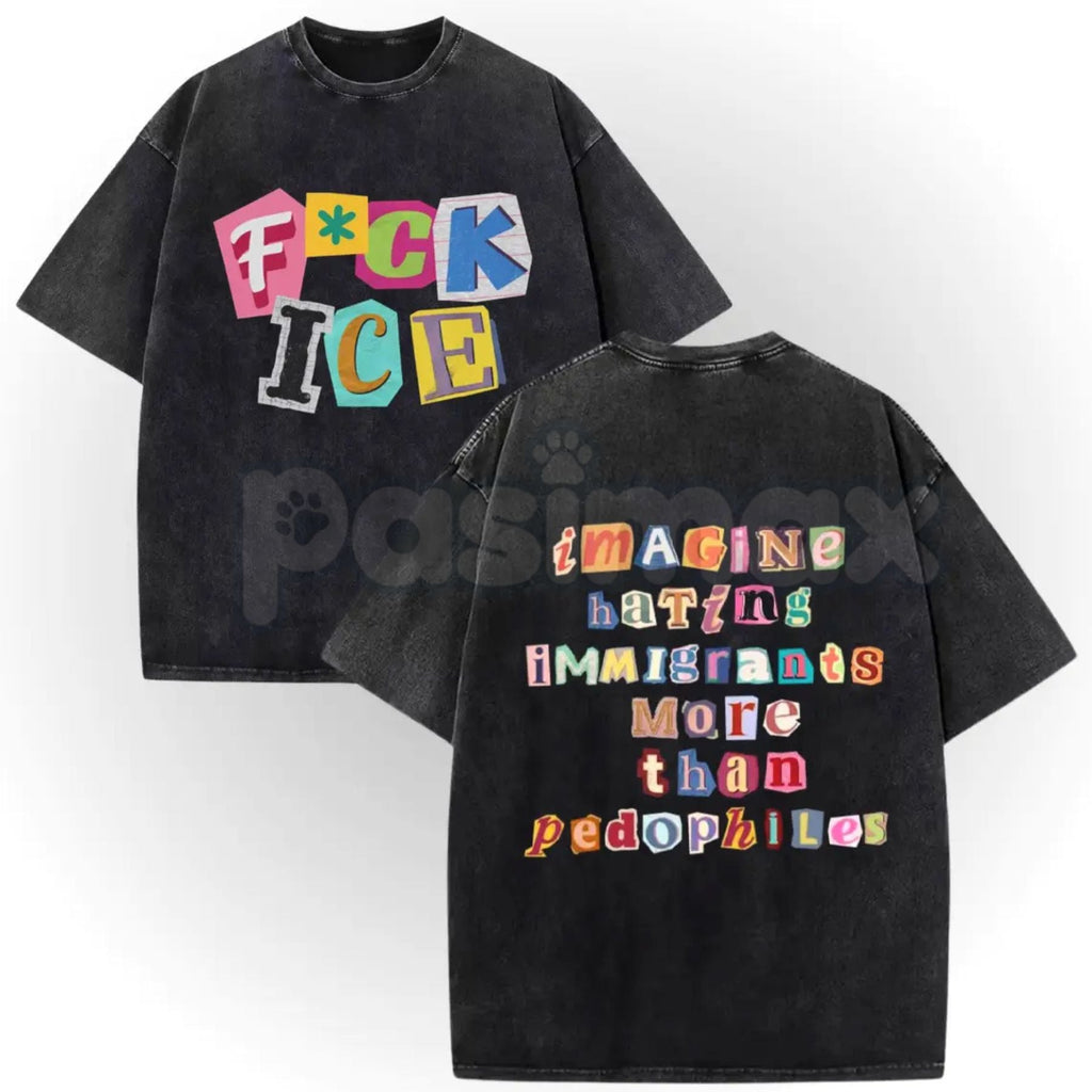 Anti ICE Magazine Letters Vintage Washed T-Shirt – Human Rights Activist Graphic Tee, Lightweight Retro Cotton Streetwear
