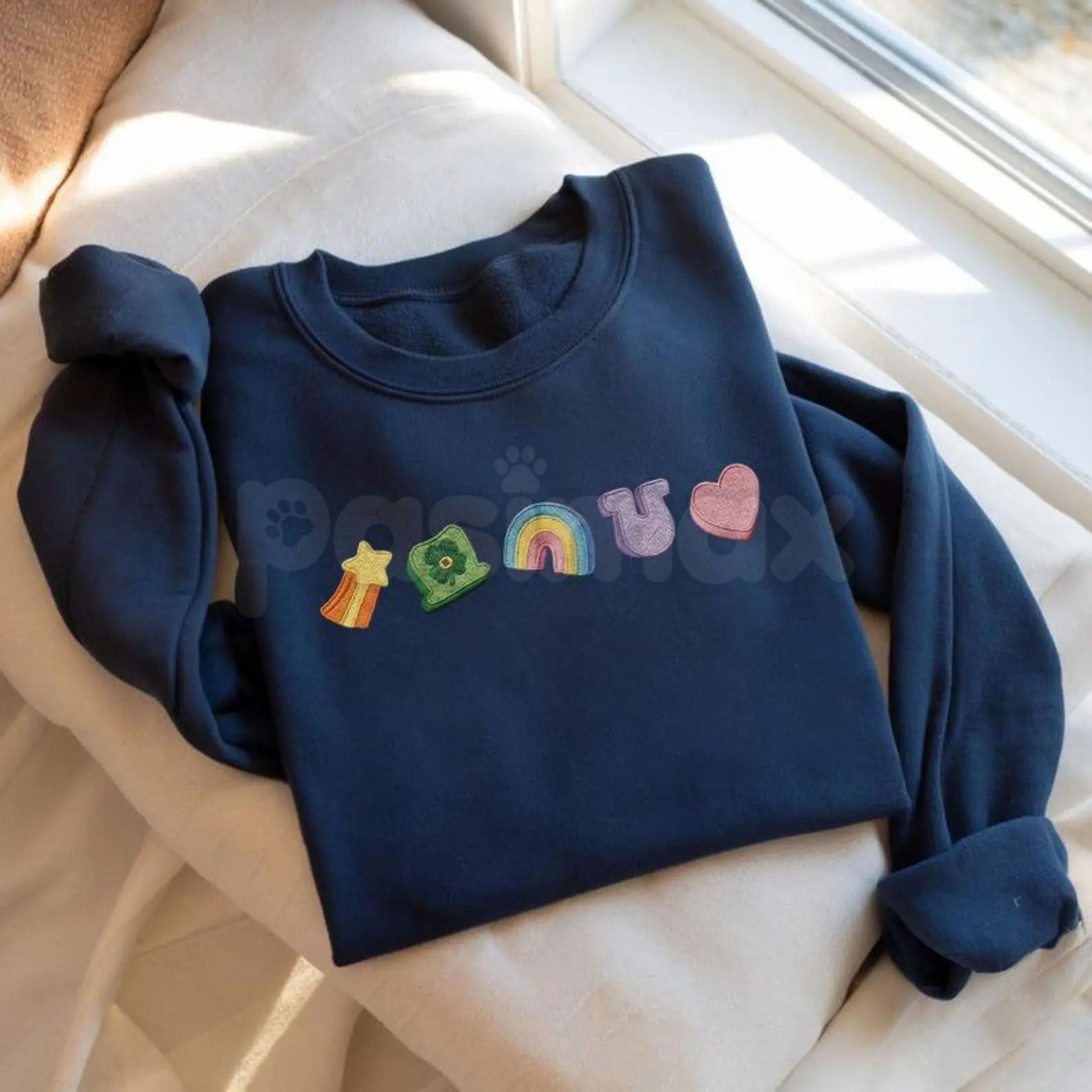 Pasimax Embroidered Lucky Charm Sweatshirt – St. Patrick’s Day Shamrock & Rainbow Crewneck — lifestyle context