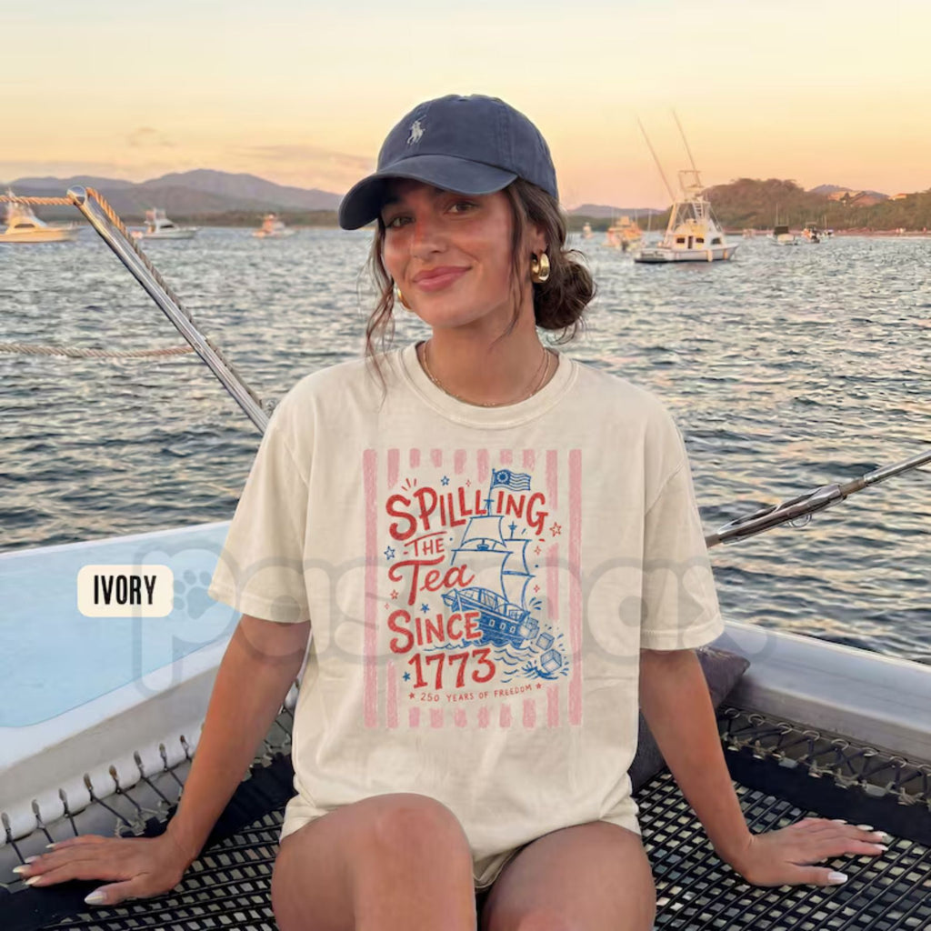 Comfort Colors® Preppy Striped "Spilling The Tea Since 1773" T-Shirt – Funny 4th of July Bow Tee, Cute Boston Tea Party Graphic Shirt, Trendy Patriotic USA Shirt