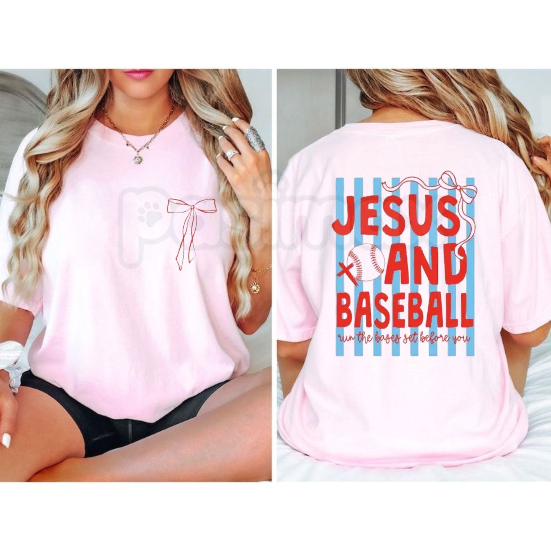 "2 Sides: Jesus & Baseball" Coquette T-Shirt – Cute Christian Athlete Graphic Tee, Premium 100% Cotton Pink Bow Baseball Top, Soft Lived-In Heavyweight Faith & Sports Shirt, Made in USA