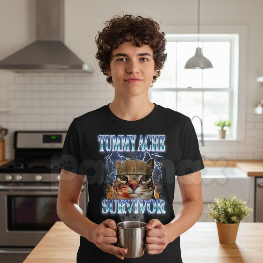Funny "Tummy Ache Survivor" Cat Meme T-Shirt – Sarcastic Graphic Humor Tee, Premium 100% Cotton Relatable Animal Top, Soft Lived-In Heavyweight Dramatic Cat Shirt, Made in USA