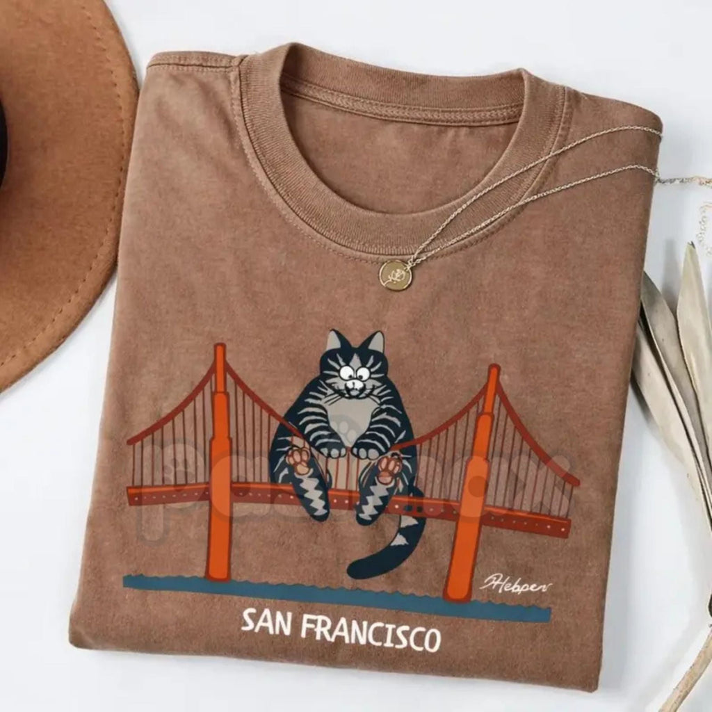 "Catzilla" San Francisco Golden Gate T-Shirt – Funny Giant Cat Movie Graphic Tee, Premium 100% Cotton Pop Culture Top, Soft Lived-In Heavyweight Cinema Nerd Shirt, Made in USA