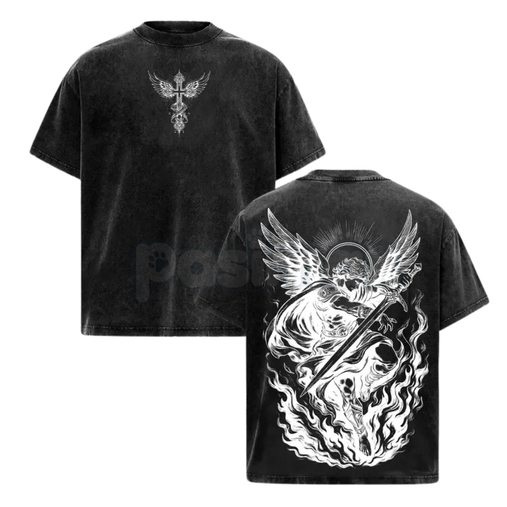 Pasimax Archangel Michael Vintage Washed T-Shirt – Saint Michael Christian Streetwear Graphic Tee — detail close-up