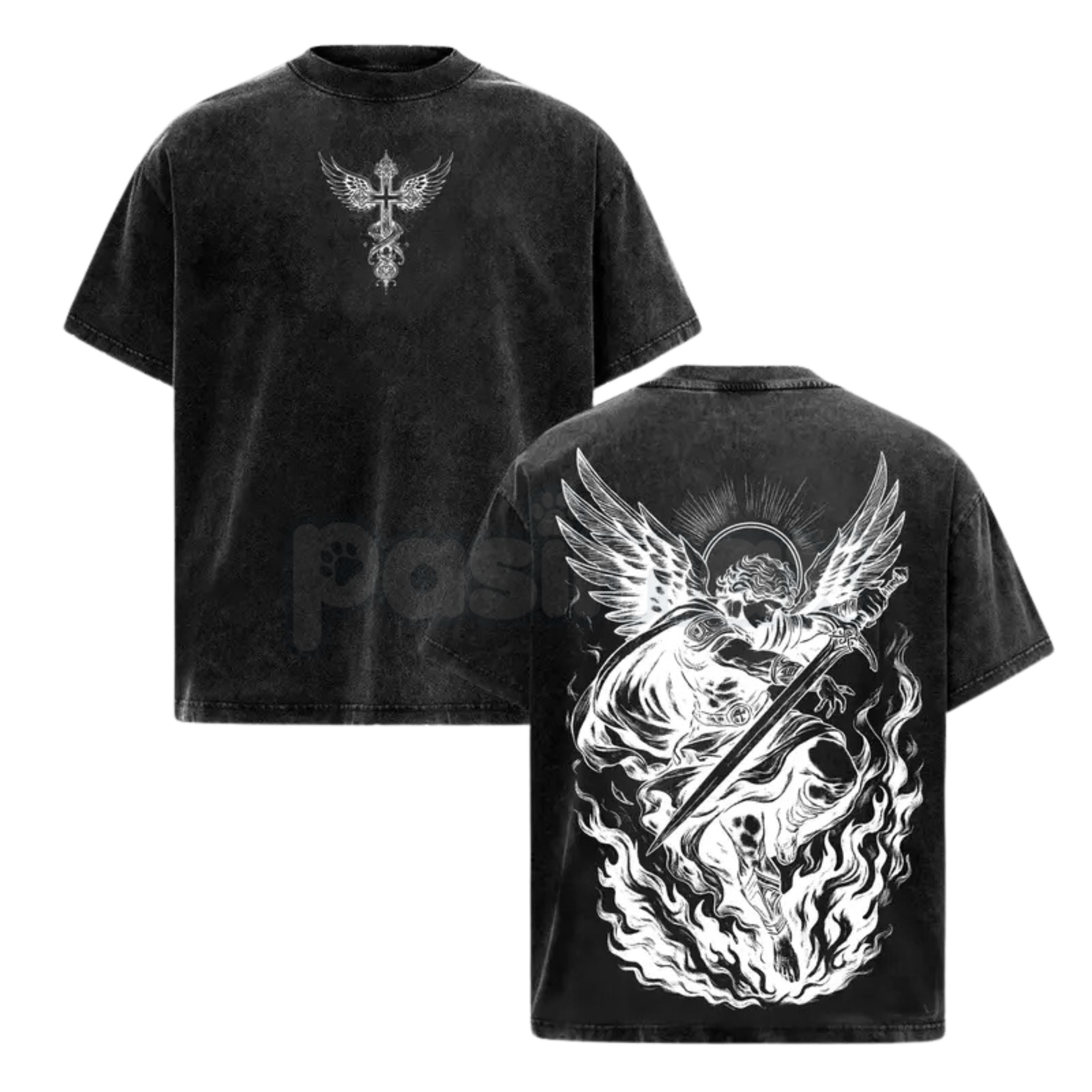 Pasimax Archangel Michael Vintage Washed T-Shirt – Saint Michael Christian Streetwear Graphic Tee — detail close-up