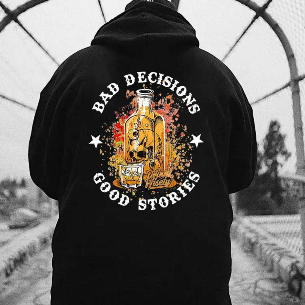Pasimax "Bad Decisions Good Stories" Halloween Hoodie — lifestyle context