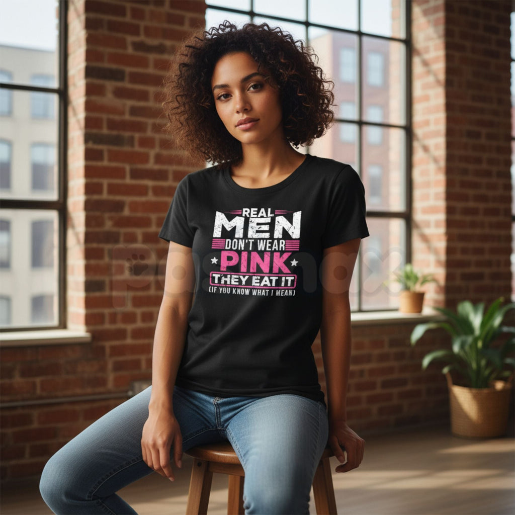 Pasimax "Real Men Don't Wear Pink" Funny Cat T-Shirt - Absurdist Ironic Meme Graphic Tee, Surreal Humor Streetwear, Nonsensic