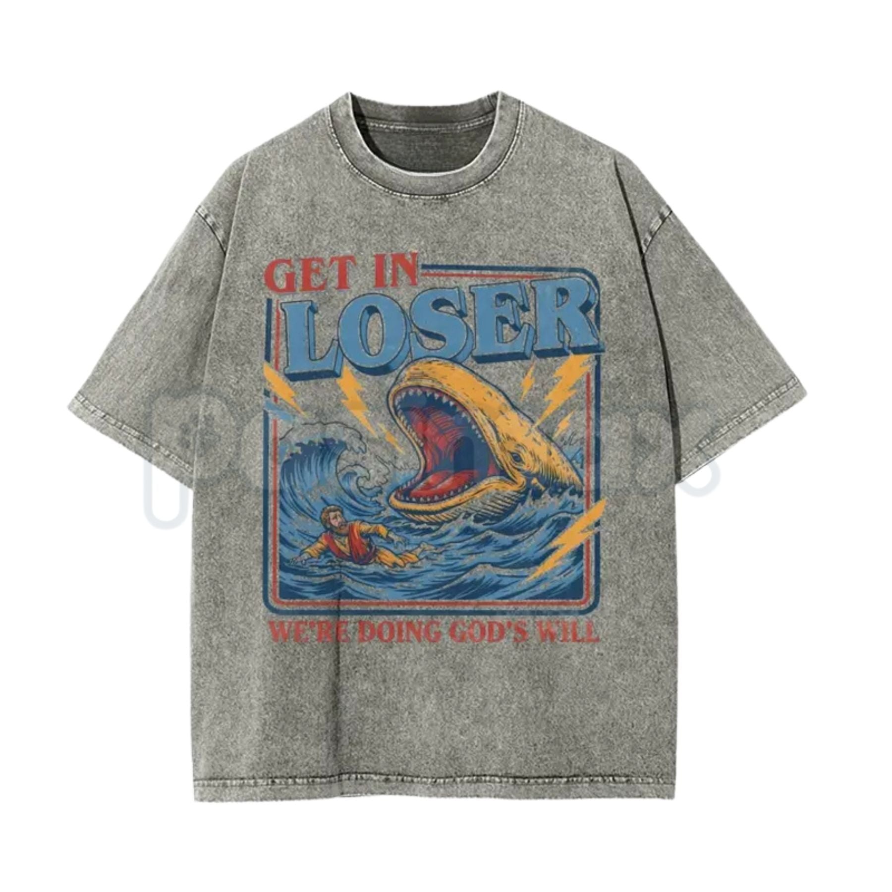 Christian Streetwear Jonah and the Whale T-Shirt – Get In Loser We're Doing God's Will Graphic Tee, Vintage Washed Faith Lightweight Cotton Top