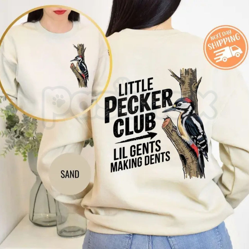 Little Pecker Club Sweatshirt | Lil Gents Making Dents Crewneck | Funny Boy Mom Pullover | Toddler Boy Parent Gift | Retro Woodpecker Graphic Jumper | Rough and Tumble Kids Apparel | Sarcastic Parenting Shirt