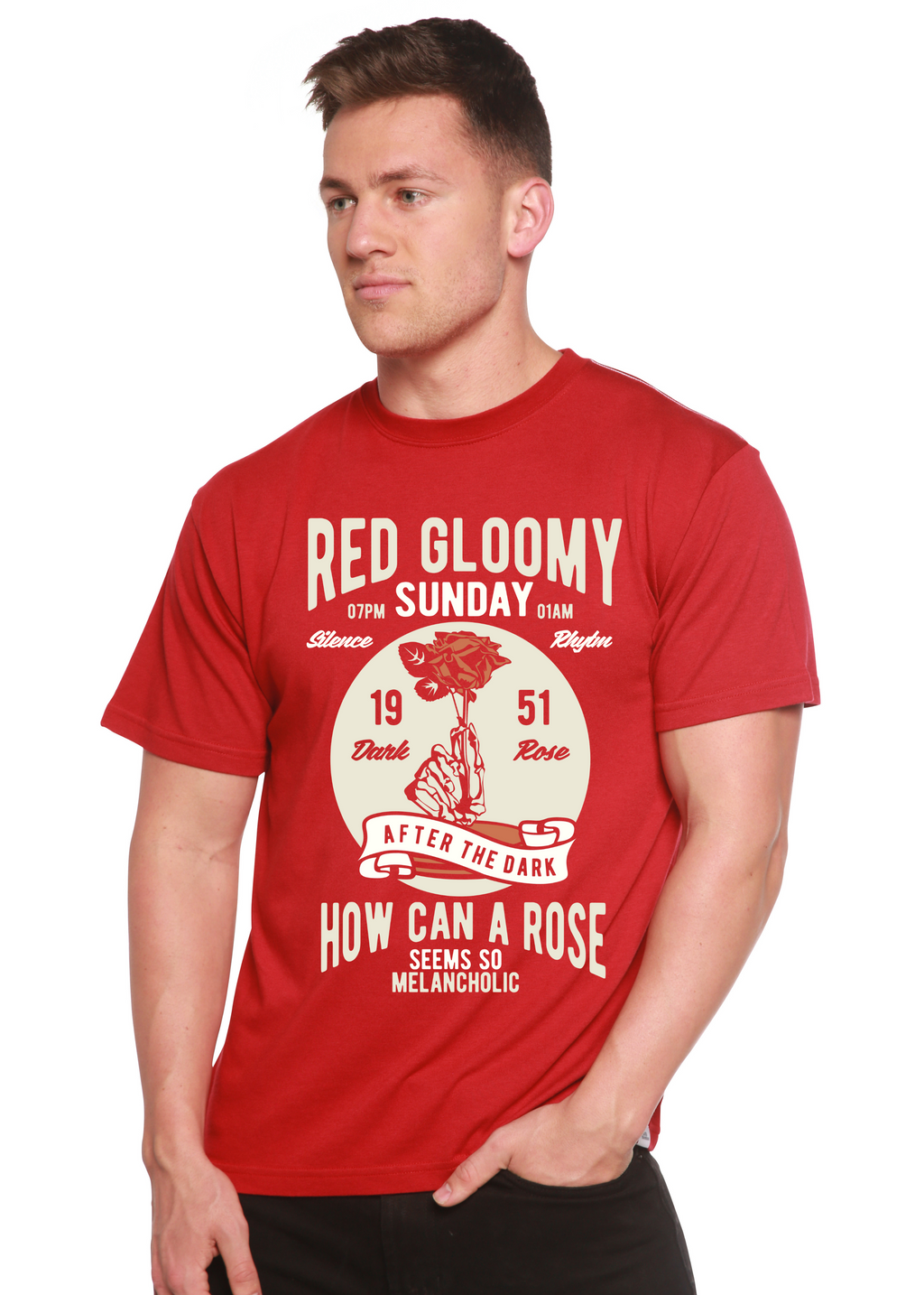Spun Bamboo Red Gloomy Spun Bamboo® Men's Bamboo Viscose/Organic Cotton Short Sleeve Graphic T-Shirt — lifestyle context