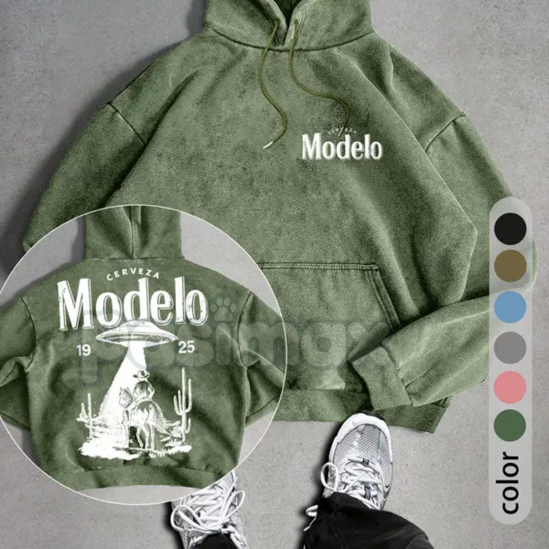 Pasimax UFO Cowboy Showdown Hoodie – Men's Retro Washed Streetwear, Unique Graphic Pullover — lifestyle context