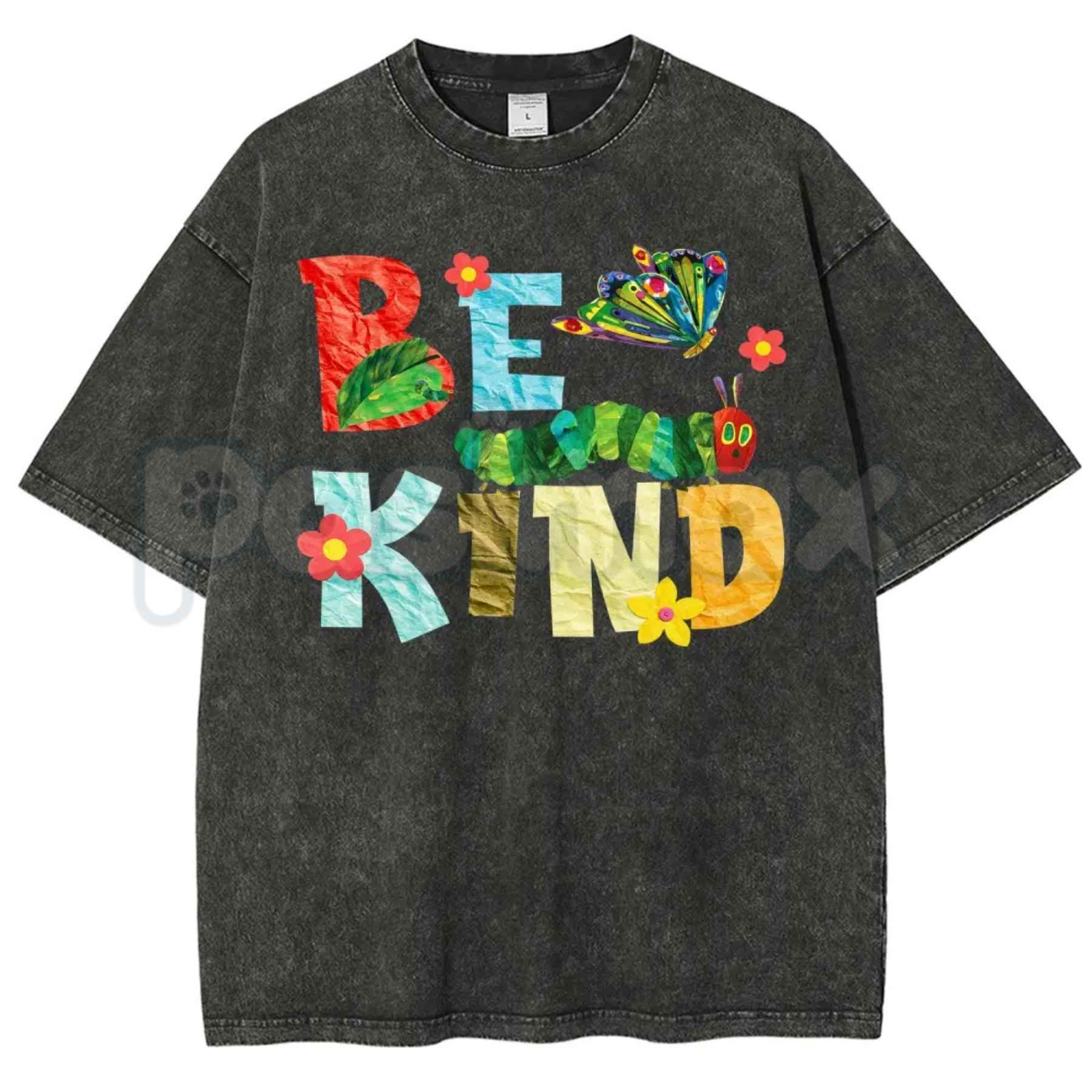 Be Kind Paper Collage Bug Butterfly Floral T-Shirt – Retro Cottagecore Graphic Tee, Vintage Washed Lightweight Cotton Botanical Unisex Top