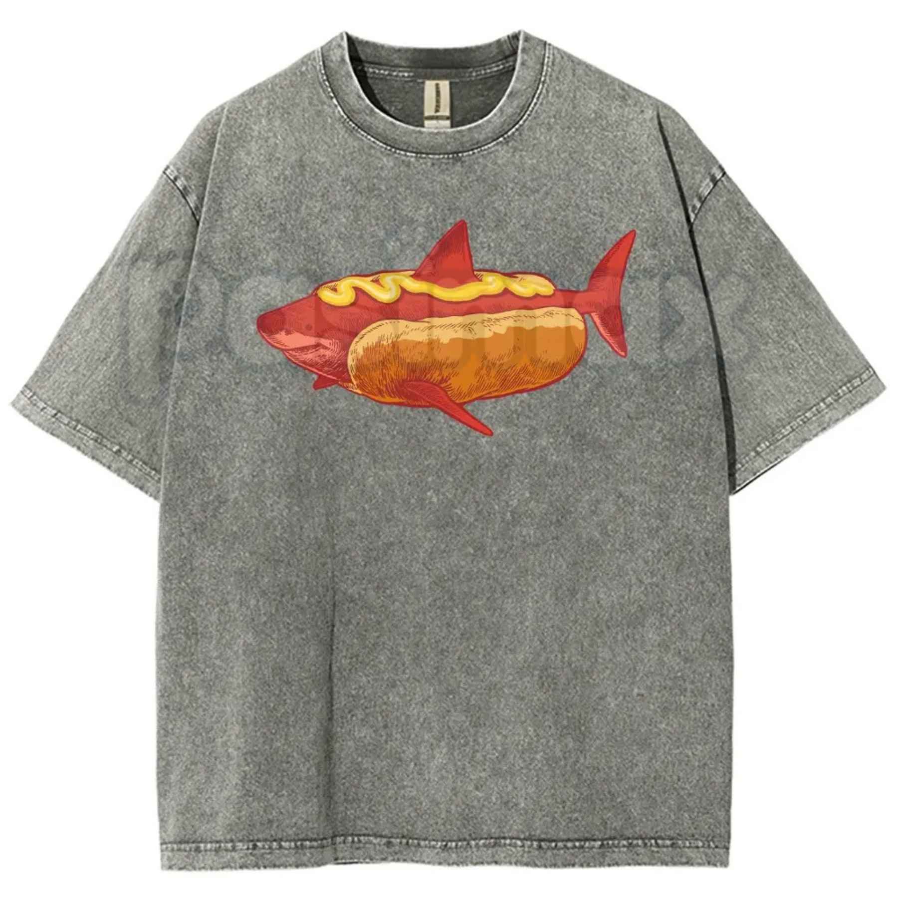 Shark Hotdog Funny Food Meme T-Shirt – Retro Weirdcore Graphic Tee, Vintage Washed Lightweight Cotton Unisex Streetwear Top