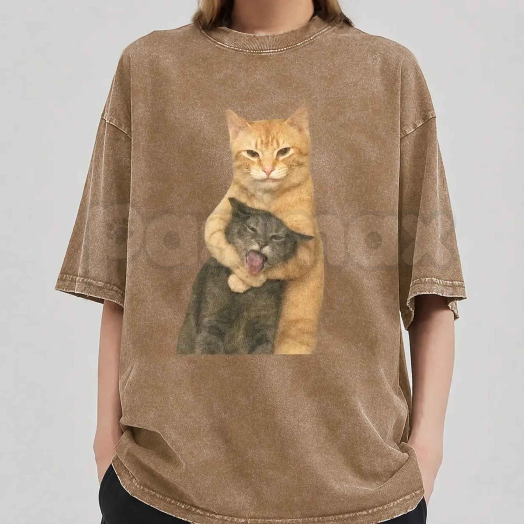 Cat Quarrel Moment T-Shirt – Retro Funny Feline Standoff Graphic Tee, Vintage Washed Lightweight Cotton Unisex Streetwear Top