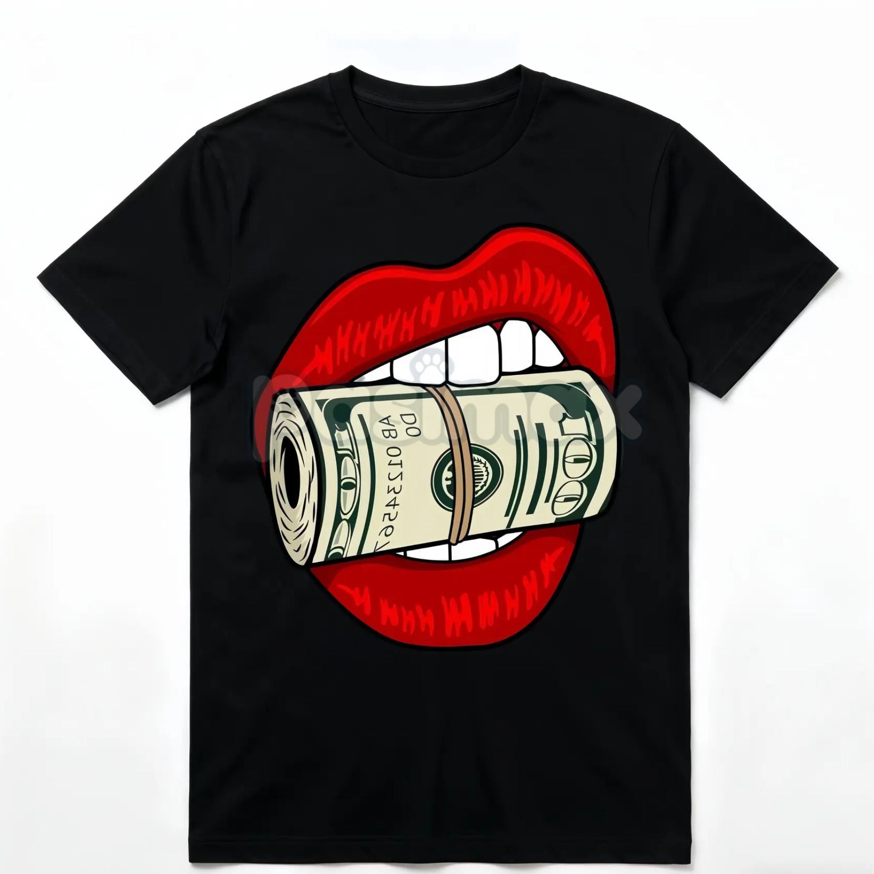 Pasimax Oversized Red Lips Biting Cash Roll Graphic Tee — lifestyle context