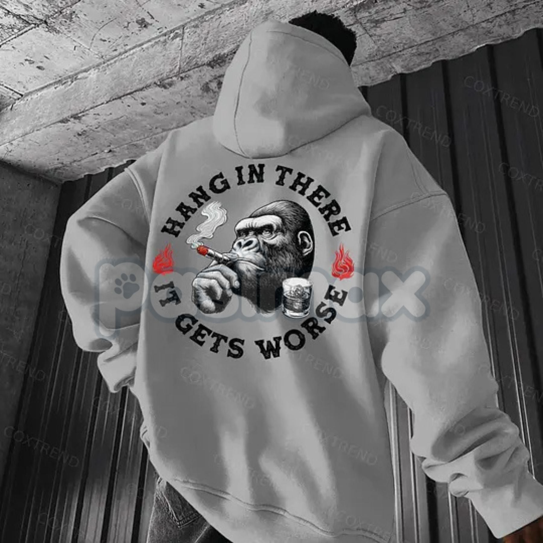 Pasimax "Hang In There It Gets Worse" Monkey Hoodie – Sarcastic Nihilist Humor Pullover, Funny Nihilism Ape Graphic, Unisex —