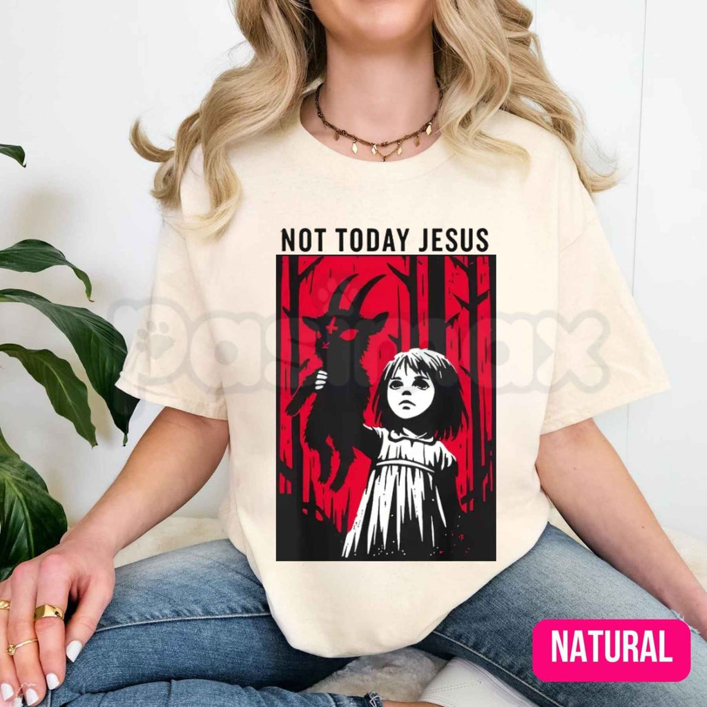 Not Today Jesus Baphomet Goat Design T-Shirt – Occult Satanic Goth Graphic Tee, Sarcastic Dark Humor Unisex Esoteric Demon Horns Shirt