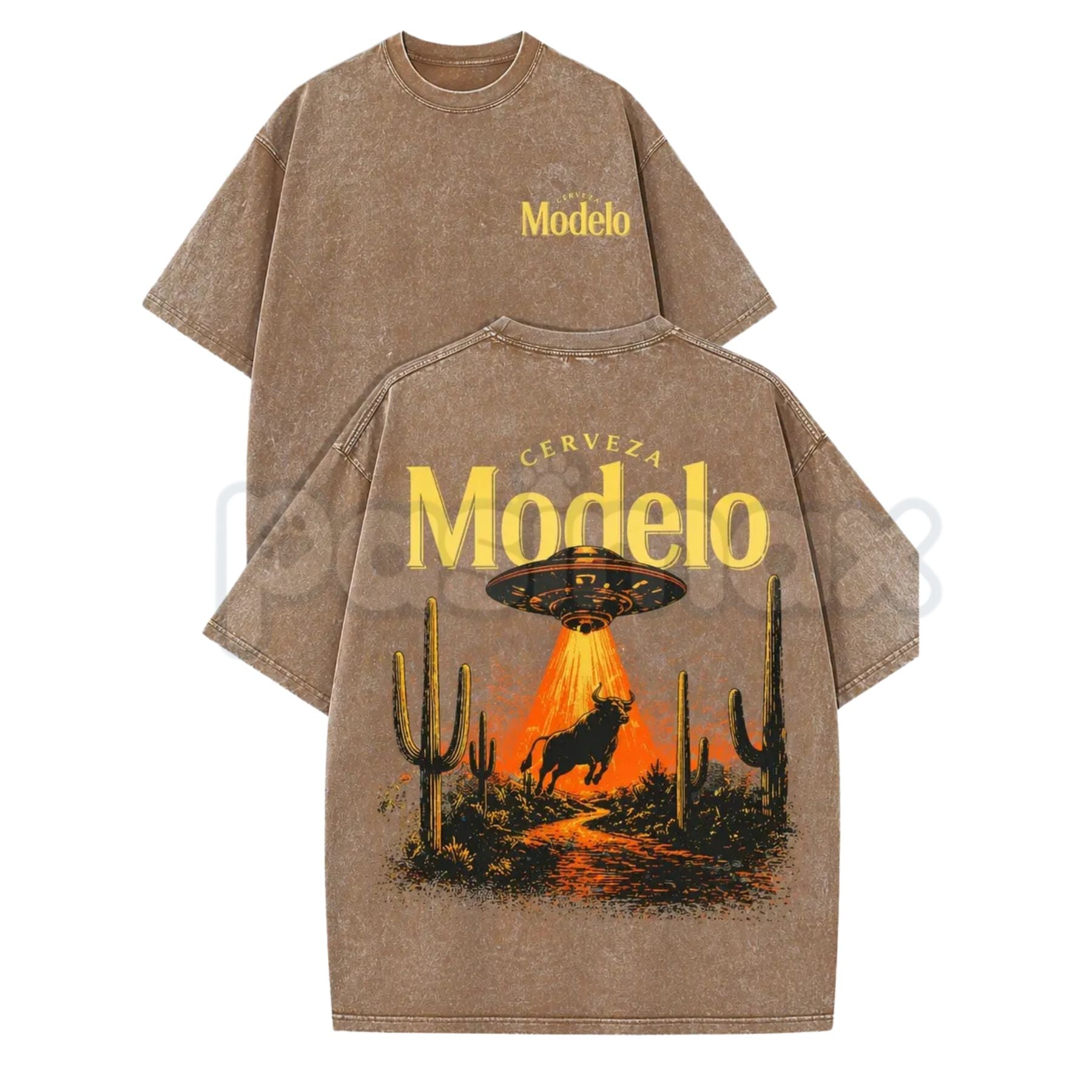Retro Cerveza Modelo UFO Abduction T-Shirt – Vintage Washed Desert Cactus Graphic Tee, Alien Bull Heist Beer Streetwear