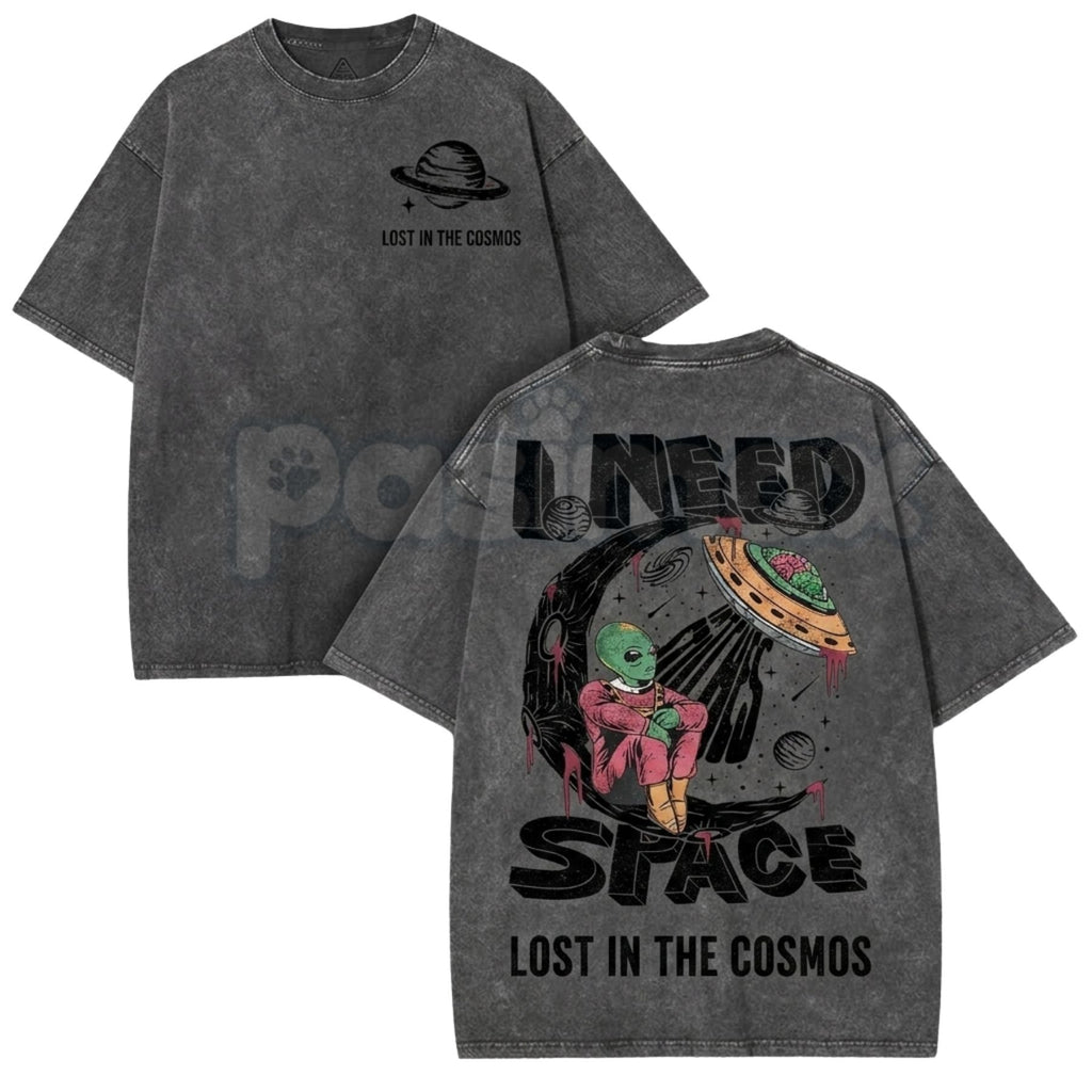 Retro Space Alien I Need Space T-Shirt – Sci-Fi Graphic Vintage Washed Tee, Funny UFO Lightweight Cotton Top, Aesthetic Galaxy Streetwear