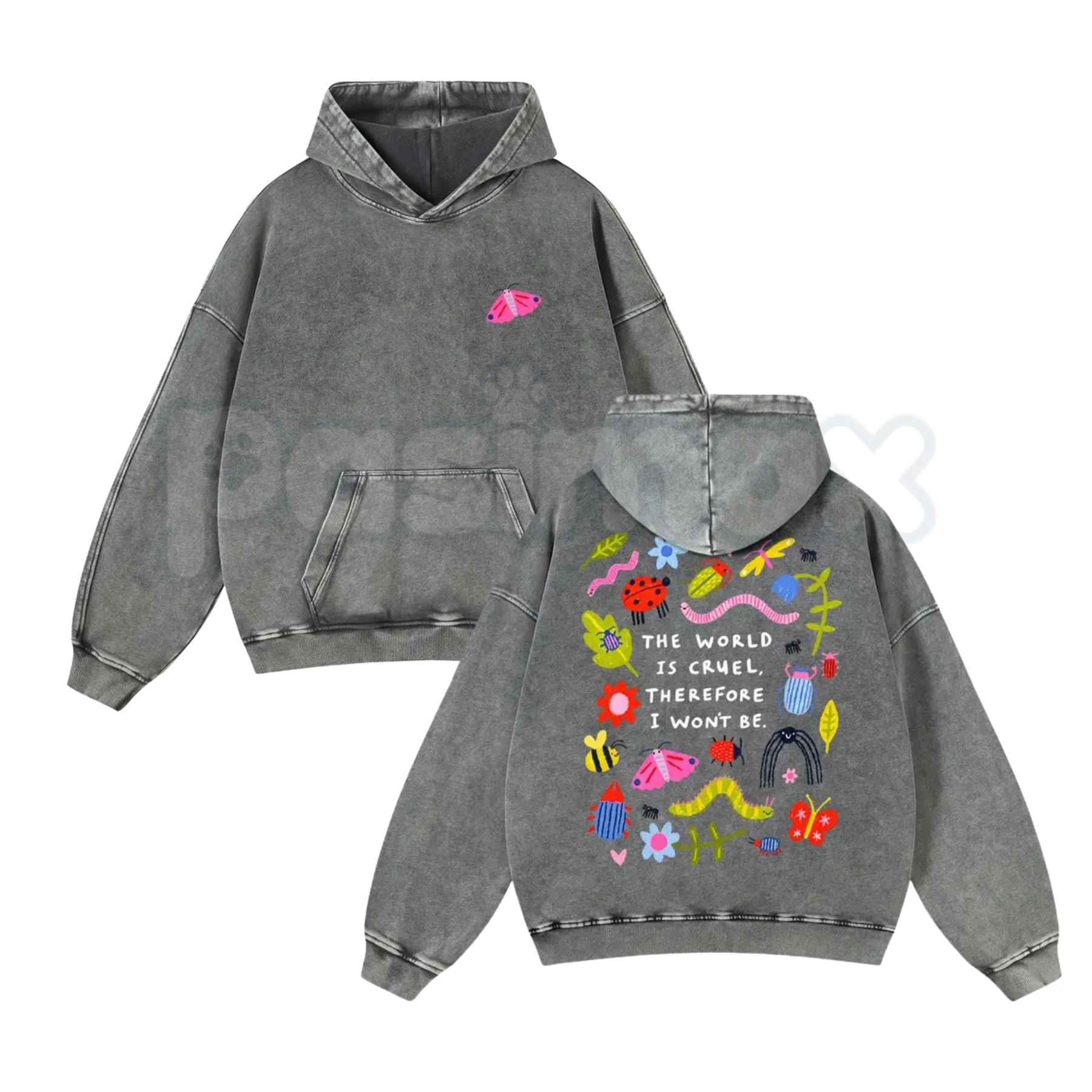 Cute Bug Print Pink Washed Hoodie – Vintage Aesthetic Pullover, Relaxed Streetwear Style