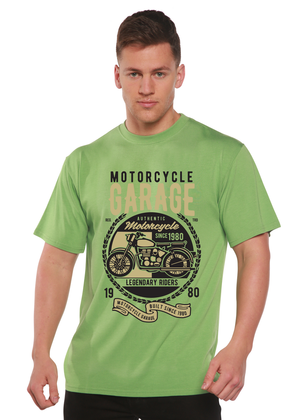 Spun Bamboo Motorcycle Garage Men's Bamboo Viscose/Organic Cotton Short Sleeve Graphic T-Shirt — back view