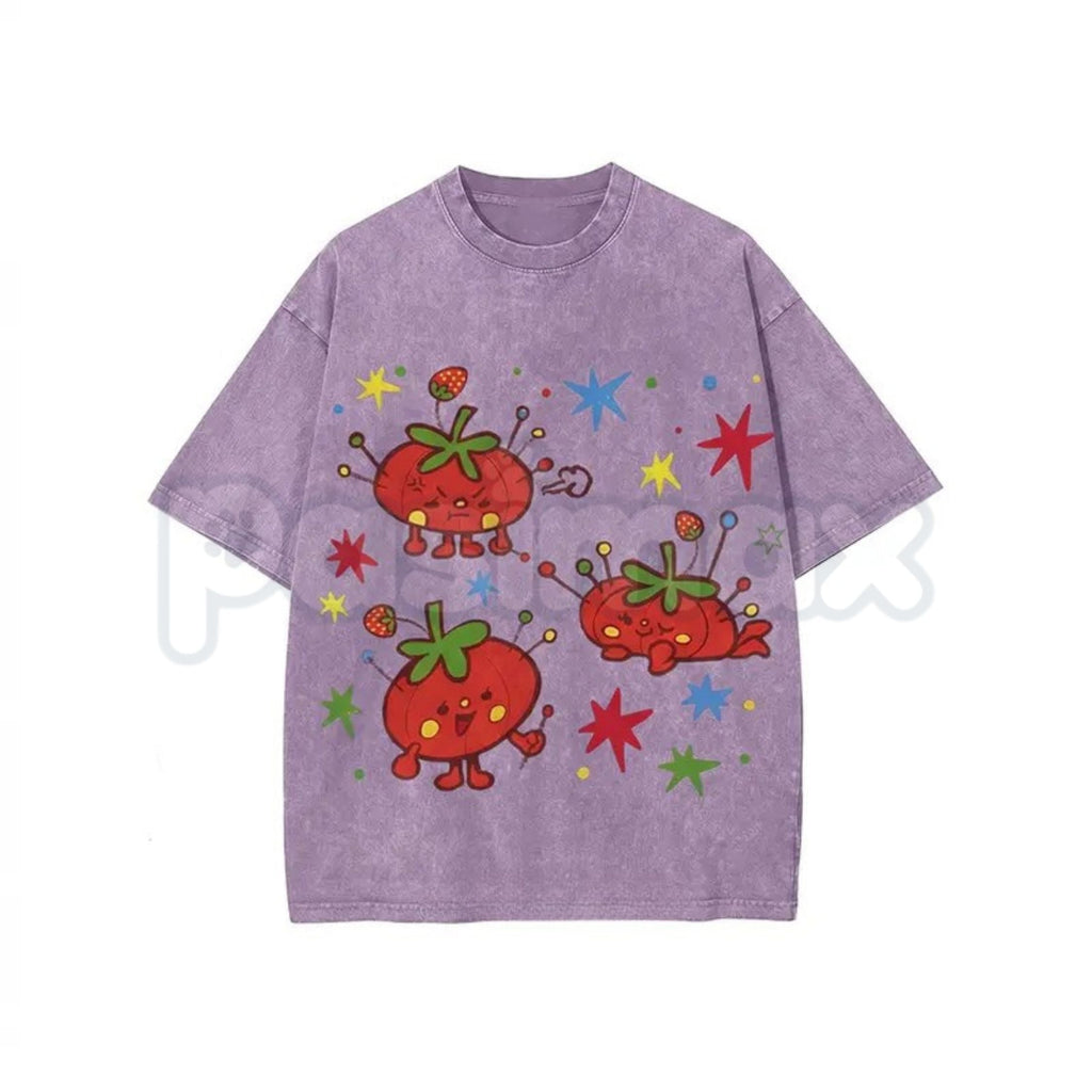 Cute Tomato Party Print T-Shirt – Retro Garden Vegetable Graphic Tee, Lightweight Vintage Washed Cotton Summer Top