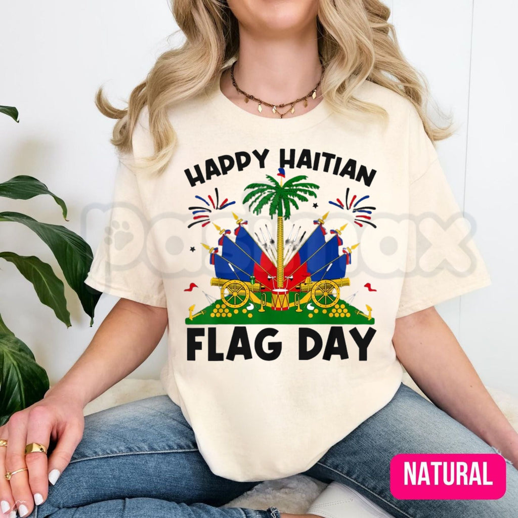 "Happy Haitian Flag Day" Patriotic T-Shirt – Haiti Heritage Graphic Tee for Men & Women, Premium 100% Cotton L'Union Fait La Force Top, Soft Lived-In Heavyweight Caribbean Pride Shirt, Made in USA