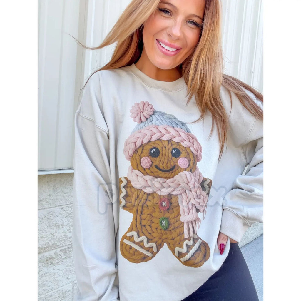 Pasimax Cute Yarn Gingerbread Graphic Top | Faux-Stitch Christmas Cookie Sweater | Cozy Holiday Apparel — lifestyle context