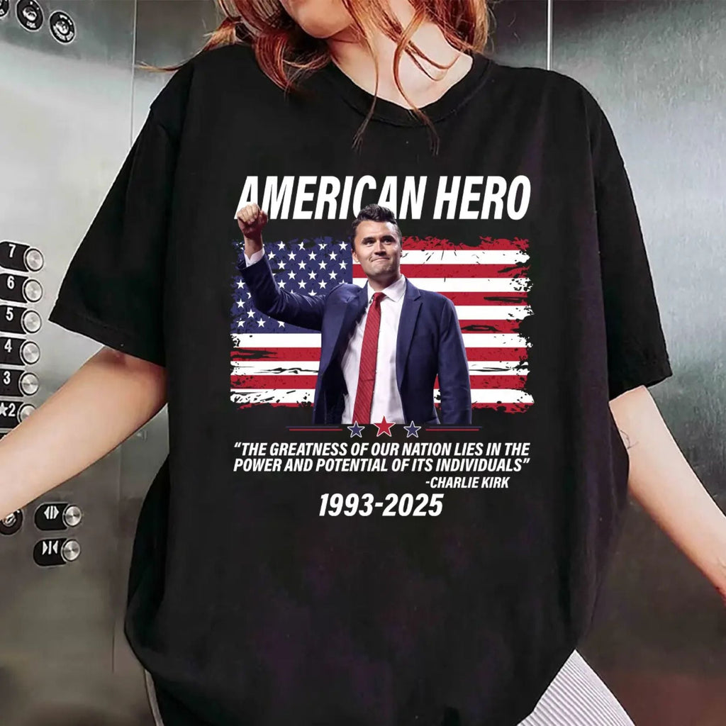 Pasimax Charlie Kirk "American Hero" T-Shirt — lifestyle context
