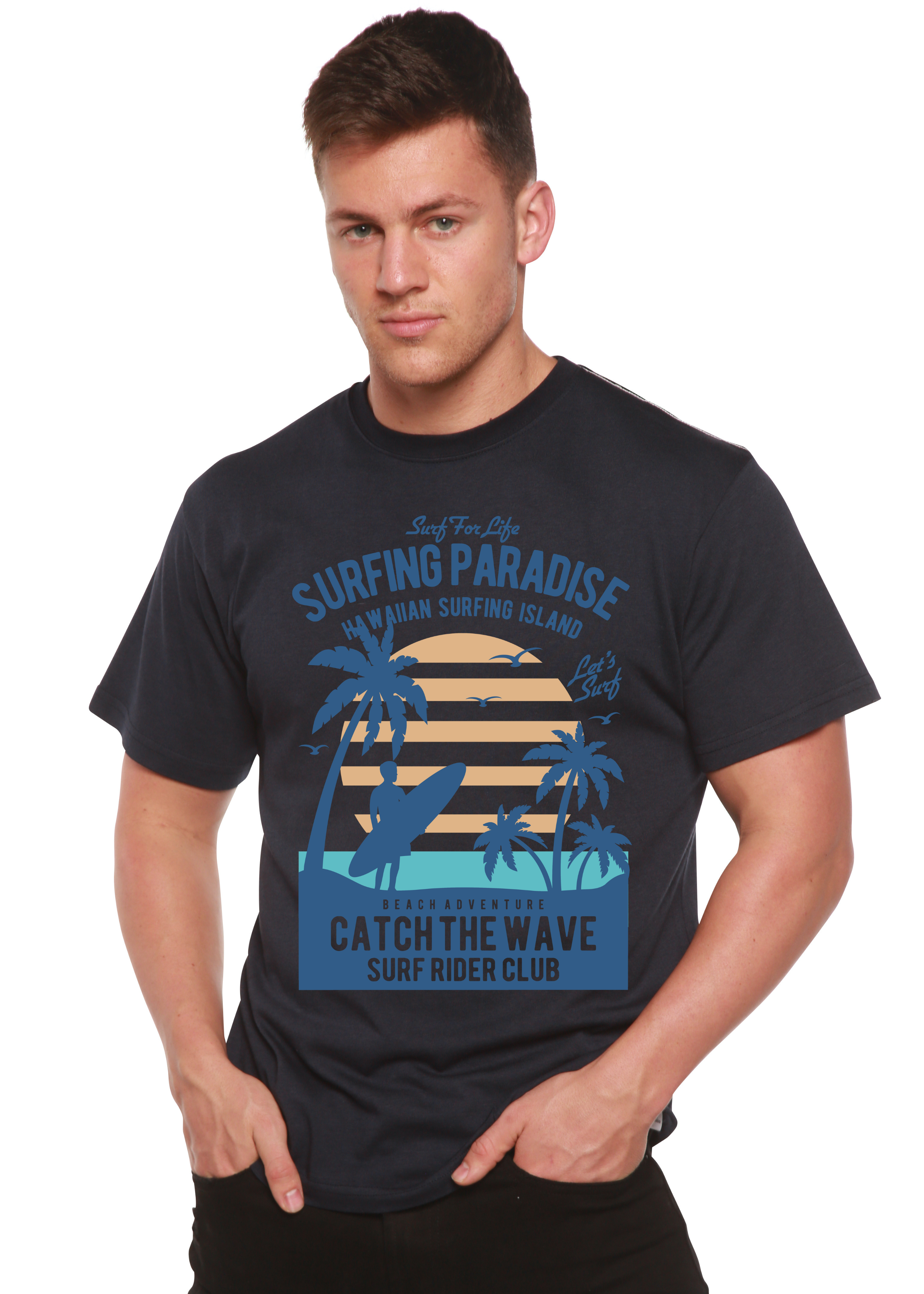 Spun Bamboo Surfing Paradis Spun Bamboo® Men's Bamboo Viscose/Organic Cotton Short Sleeve Graphic T-Shirt — in-use photo