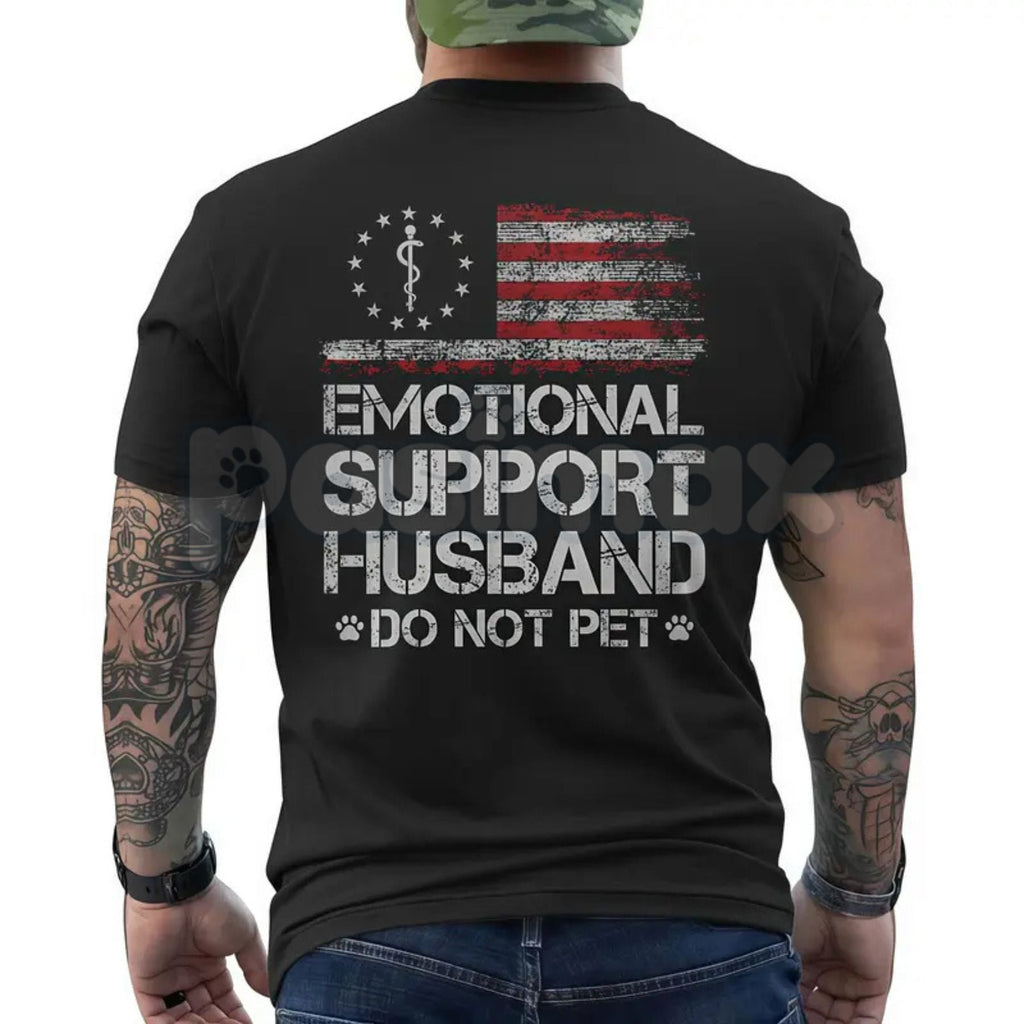 Pasimax Emotional Support Husband – Funny Husband Graphic Hoodie, Sarcastic Marriage Sweatshirt & T-Shirt — detail close-up