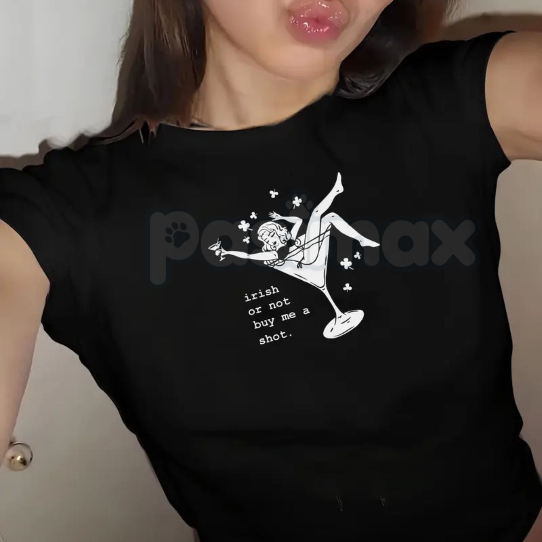 Pasimax "Irish Or Not Buy Me A Shot" Baby Tee - Funny St. Patrick’s Day Drinking Shirt, Sassy Irish Party Graphic Top, Y2K St