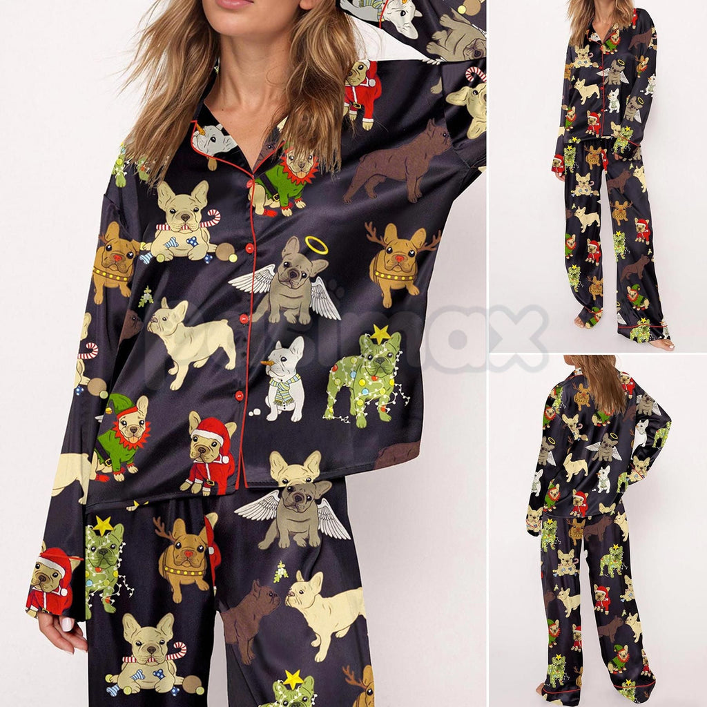 Pasimax Christmas French Bulldog Satin Pajama Set for Women - Comfy Silky Sleepwear & Loungewear PJs — side view
