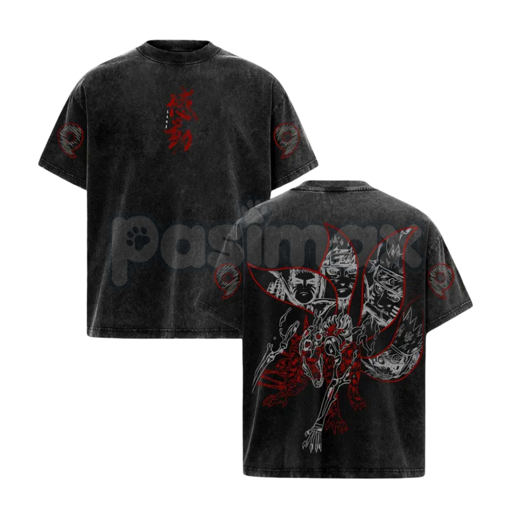 Pasimax Naruto Kurama Sharingan T-Shirt – Vintage Washed Oversized Anime Tee, Nine-Tails Fox Graphic — side view