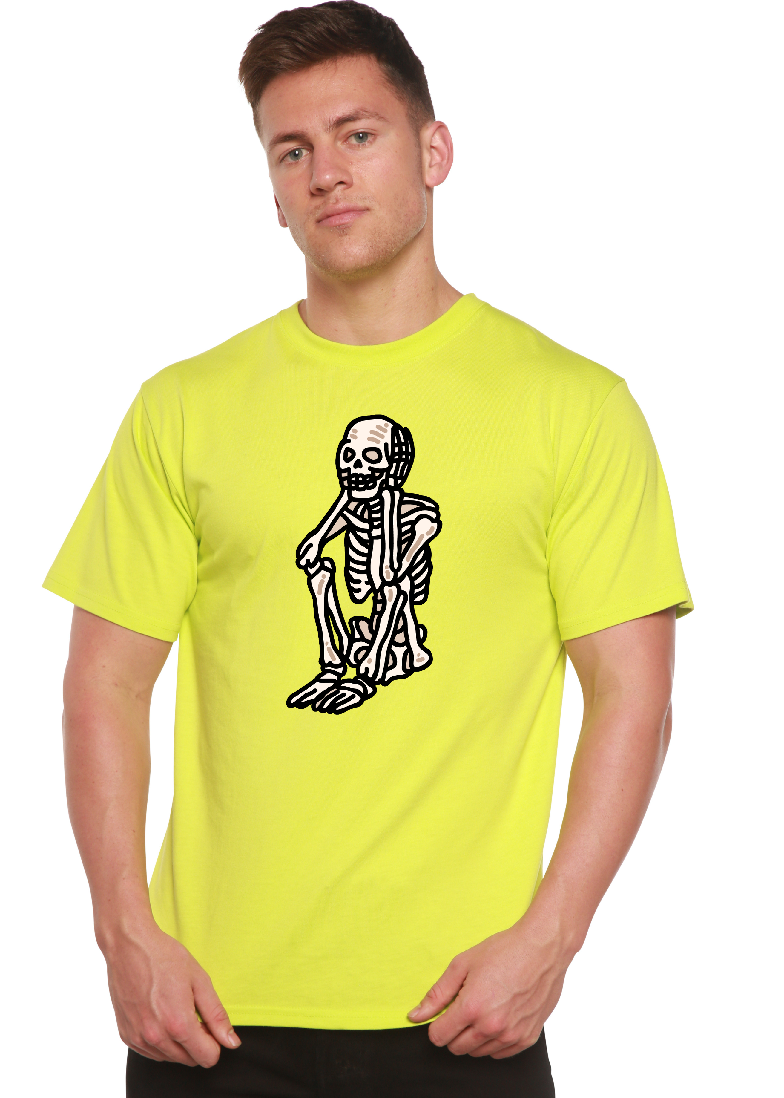 Spun Bamboo Sad Skeleton Halloween Unisex Bamboo Viscose/Organic Cotton Short Sleeve Graphic T-Shirt — comparison shot
