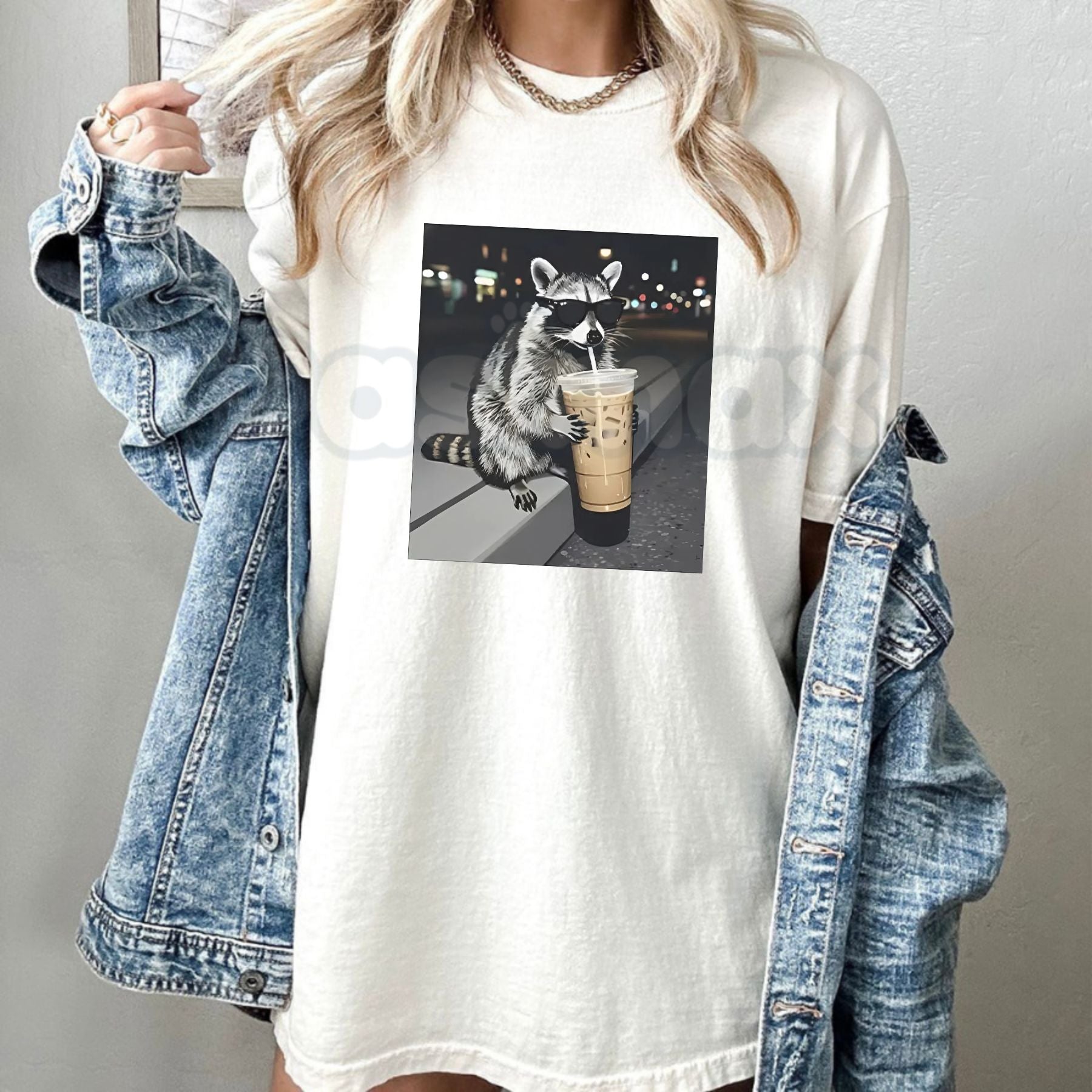 Pasimax Funny Raccoon Drinking Iced Coffee T-Shirt - Caffeinated Trash Panda Graphic Tee, Relatable Iced Coffee Lover Shirt, 