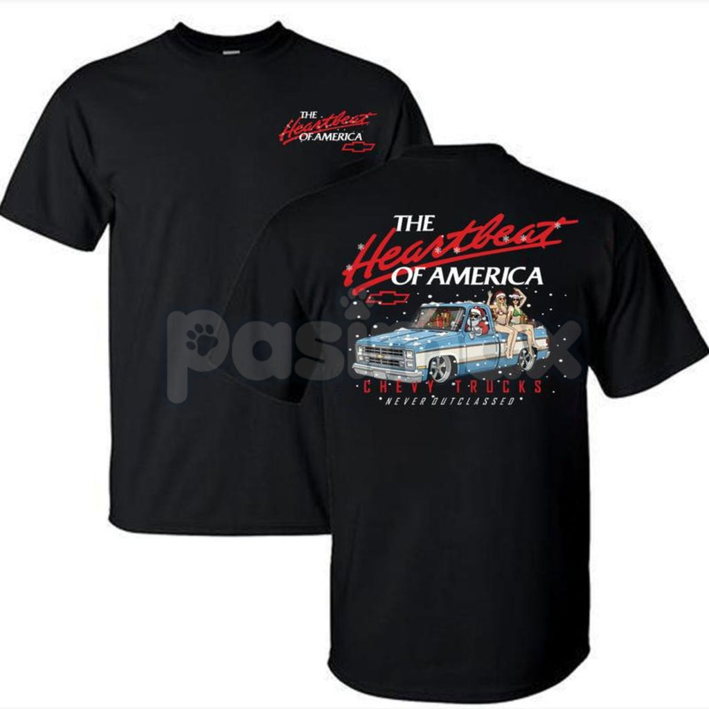 Pasimax Retro Chevy Heartbeat of America Christmas T-Shirt - Vintage Holiday Automotive Tee, Iconic Chevy Slogan Xmas Gift, A