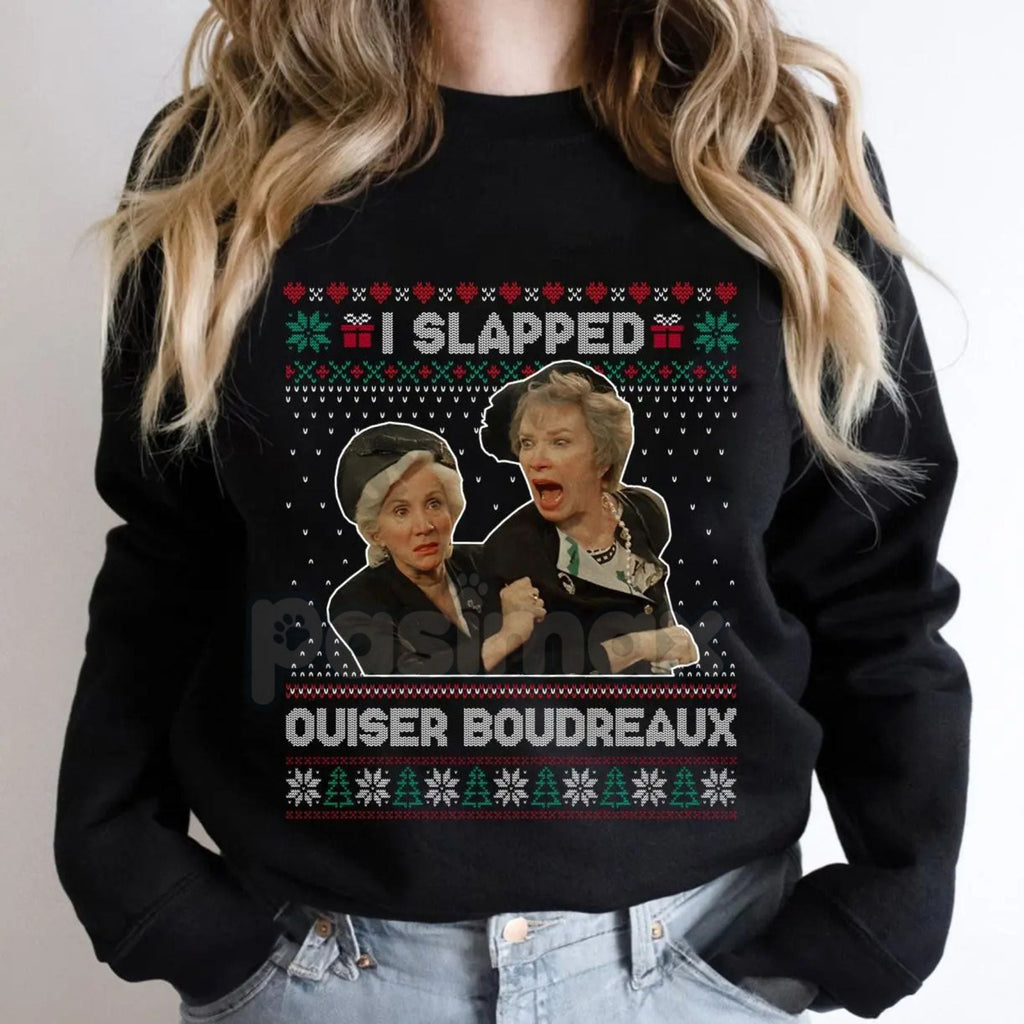Pasimax "I Slap Ouiser Boudreaux" Ugly Christmas Sweatshirt – Funny Steel Magnolias Holiday Crewneck — lifestyle context