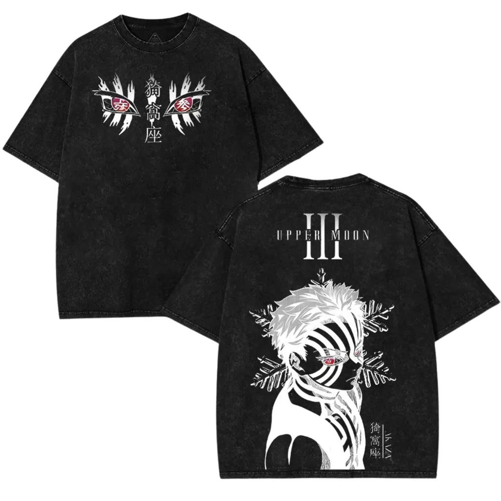 Pasimax Akaza Upper Rank 3 Graphic Tee – Vintage Washed Oversized Shirt, Demon Slayer Villain Tee — detail close-up
