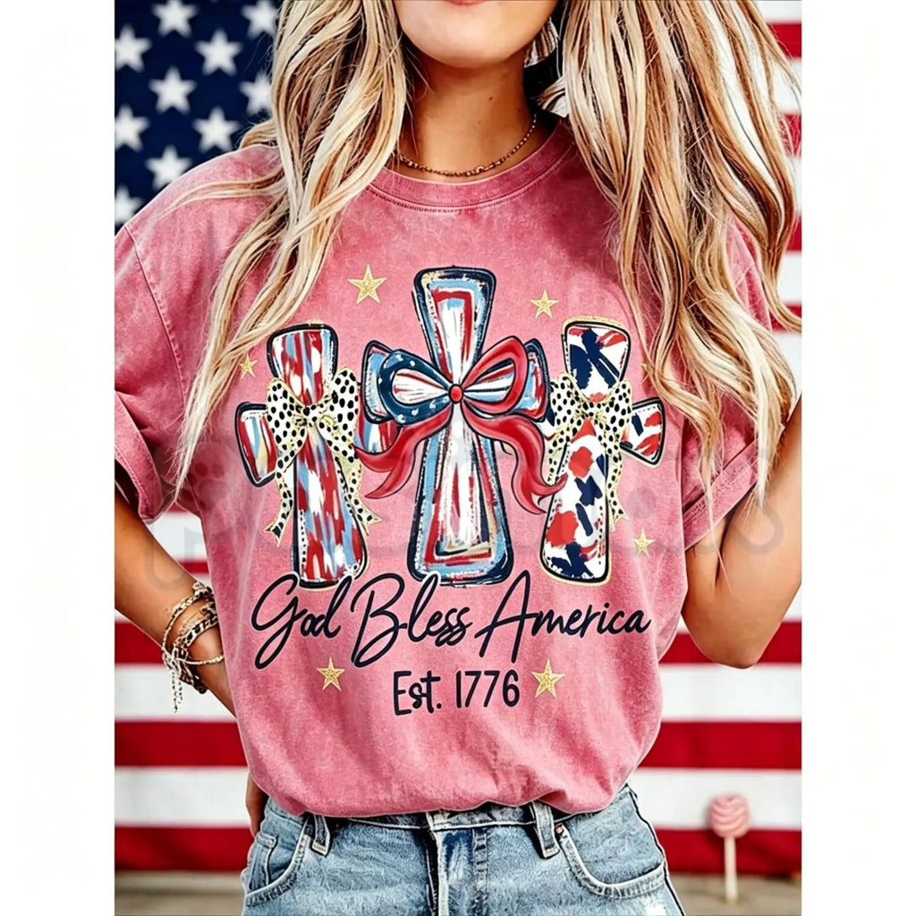 Women's God Bless America T-Shirt – Retro Patriotic 4th of July Graphic Tee, Vintage Washed Lightweight Cotton USA Country Pride Top