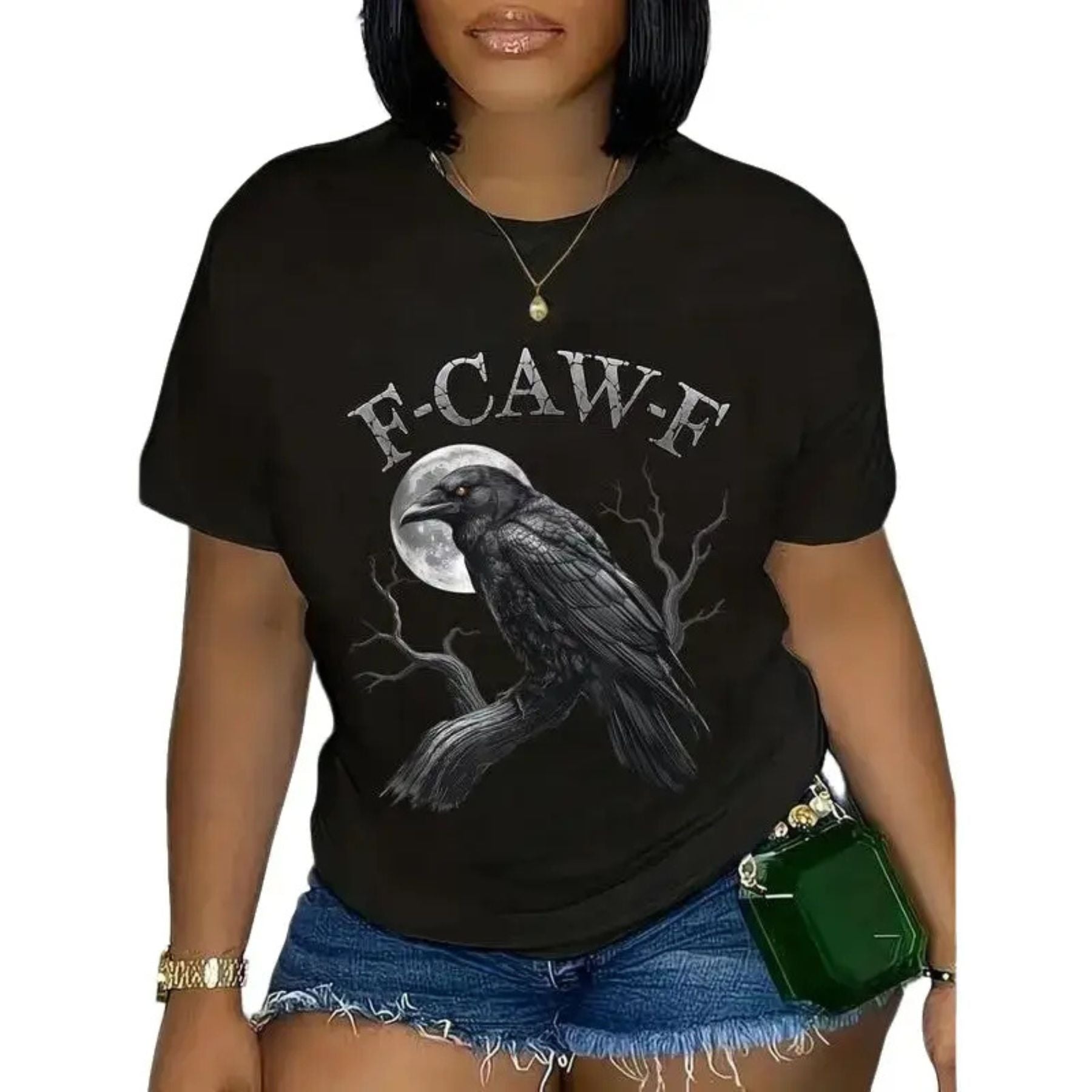 Pasimax "F-CAW-F" Black Bird Moon T-Shirt — lifestyle context