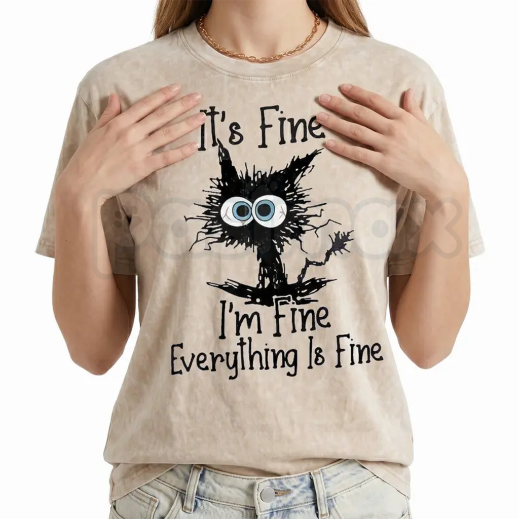 It’s Fine I’m Fine Everything Is Fine Cat T-Shirt – Funny Sarcastic Kitten Graphic Tee, Retro Washed Lightweight Cotton Kitty Mom Top