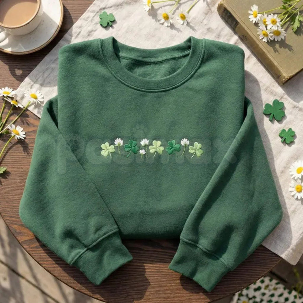 Pasimax Embroidered Shamrock Meadow Crewneck – St. Patrick’s Day Lucky Four-Leaf Flower Sweatshirt — lifestyle context