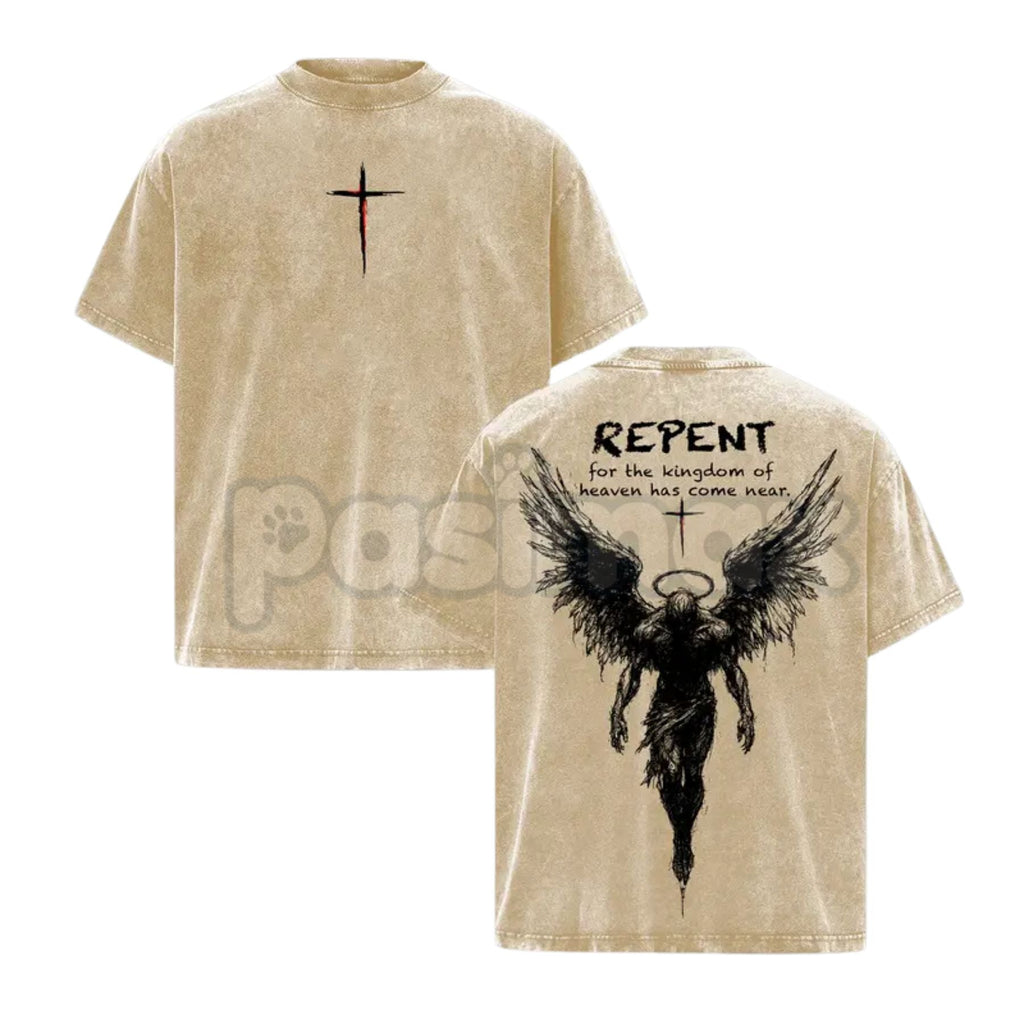 Pasimax The Kingdom Mandate: Repent Vintage Washed Tee – Heavy Cotton Christian Streetwear, Gospel Angel Wings Shirt — lifest