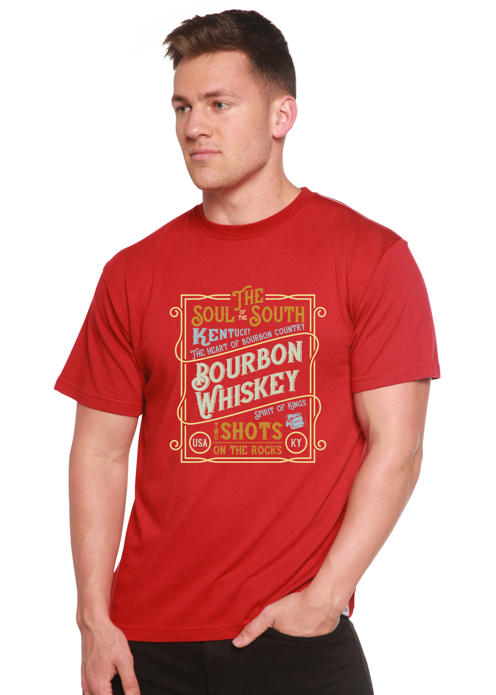 Spun Bamboo Bourbon Whiskey Men's Bamboo Viscose/Organic Cotton Short Sleeve Graphic T-Shirt — lifestyle context