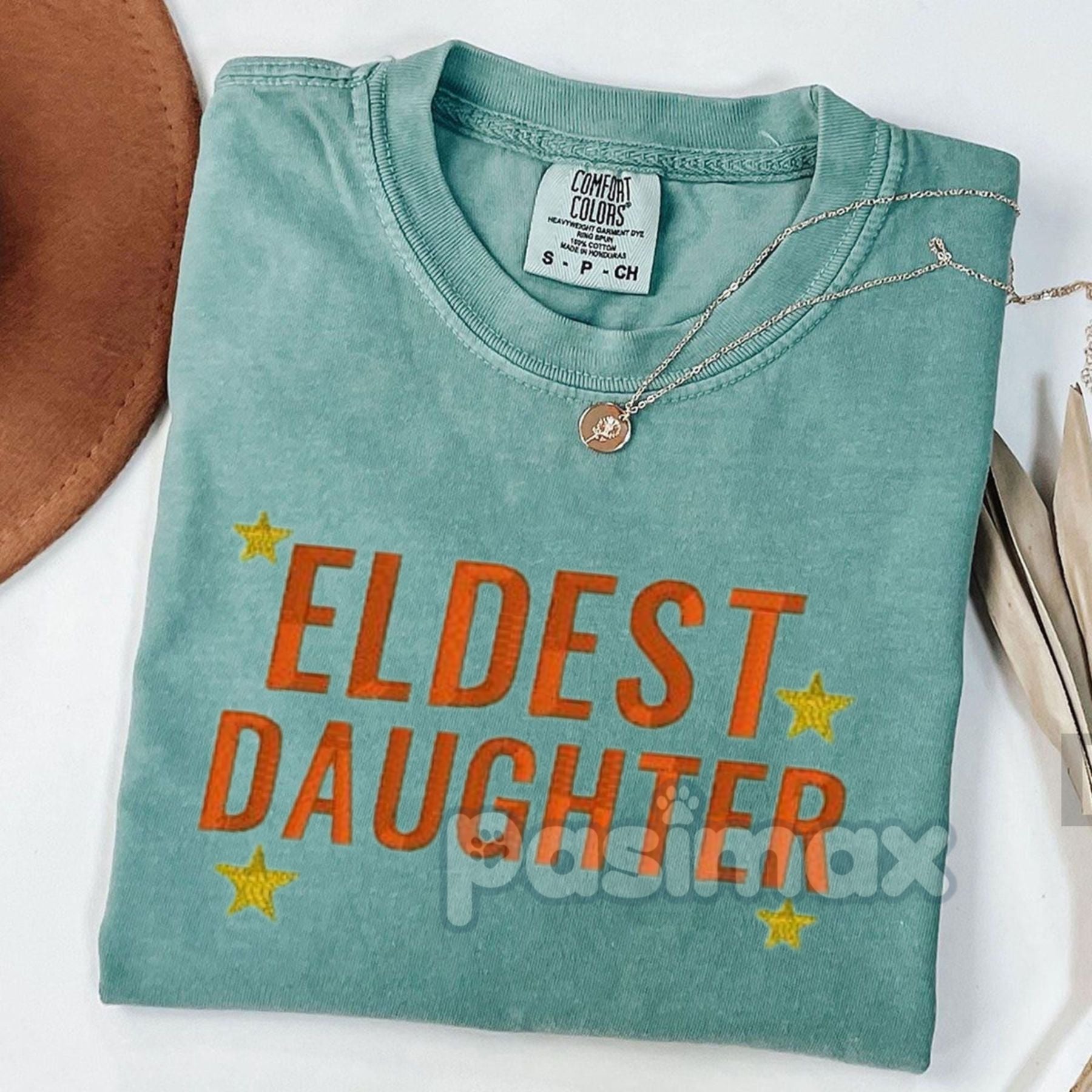 Pasimax Eldest Daughter Embroidered Comfort Colors T-Shirt — side view