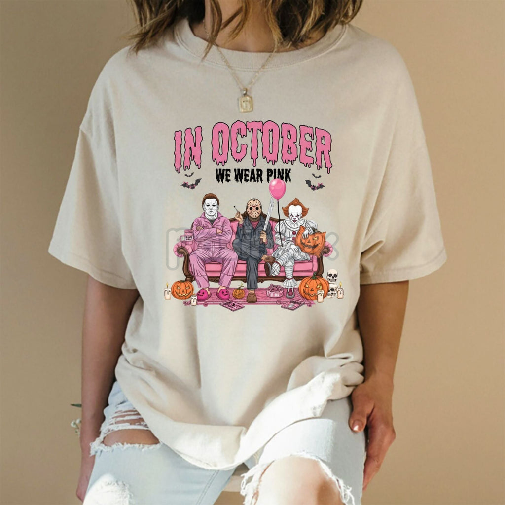 Pasimax Women's "In October We Wear Pink" Halloween Graphic T-Shirt — lifestyle context