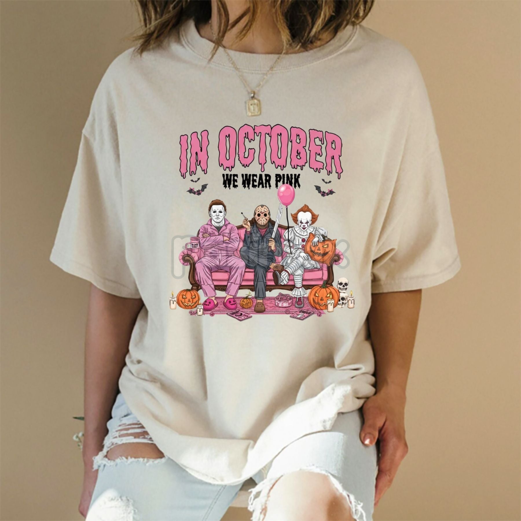 Pasimax Women's "In October We Wear Pink" Halloween Graphic T-Shirt — lifestyle context