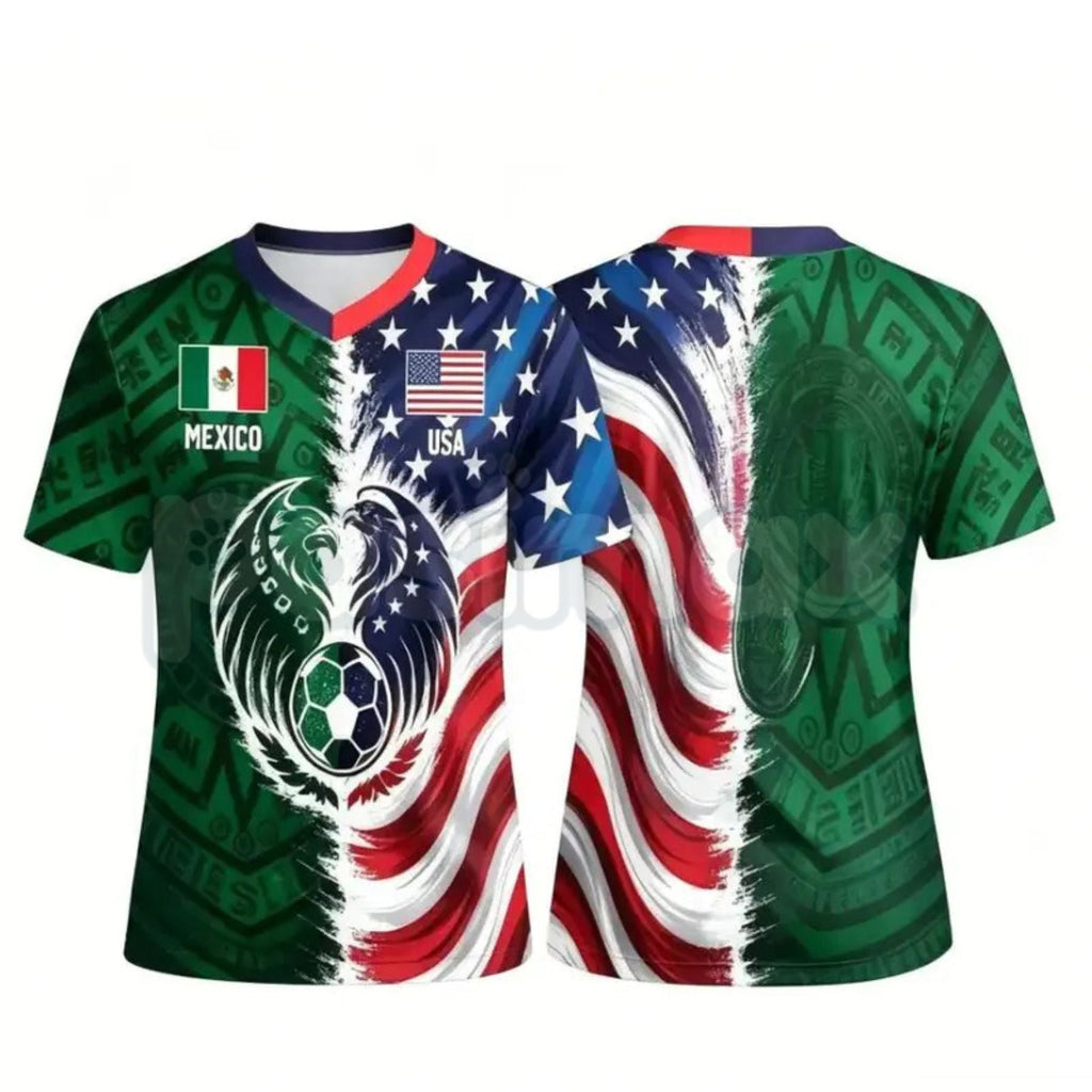 Split Half Mexico Green Tribal & US Stars Stripes Athletic V-Neck Shirt – Dual Heritage Soccer Jersey